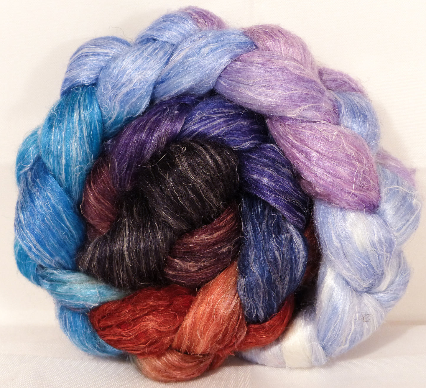 Hand dyed Tussah Silk / flax roving -Stellar's Jay- ( 65/35)- (4.5 oz.) - Inglenook Fibers