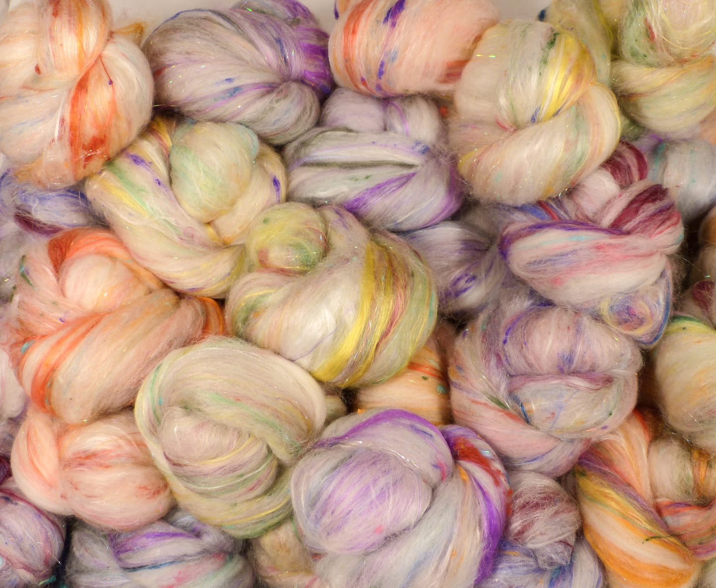Flowerfetti Tea Cakes - Sticklebatts- ( 3.9 oz.) - 30% Bond fleece, merino, rambouillet, alpaca, silk, bamboo, silk noil, angelina - Inglenook Fibers