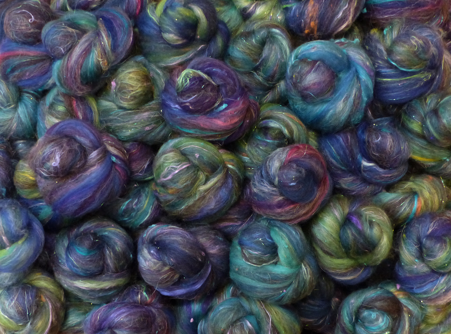 Waterlilies-Dark - Sticklebatts - 30% CVM/Rambouillet/Cotswold x fleece, merino, shetland, rambouillet, silk, bamboo, silk noil, FLAX, (angelina in sparkle batts) - Inglenook Fibers