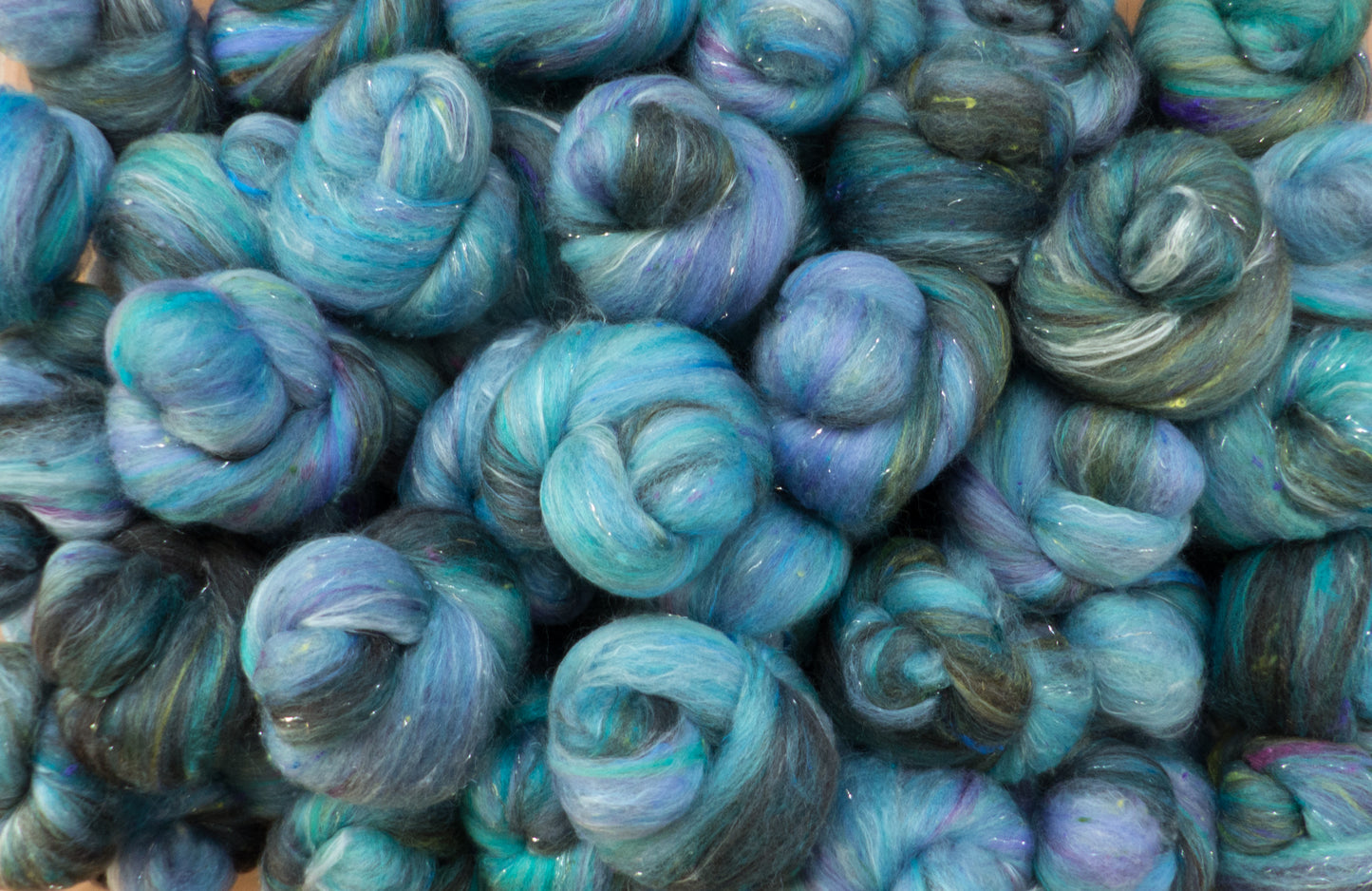 April Showers - Sparkle Sticklebatts (3.9 oz) - 30% Finn fleece; merino, polwarth, silk, bamboo, silk noil, silver deckle angelina