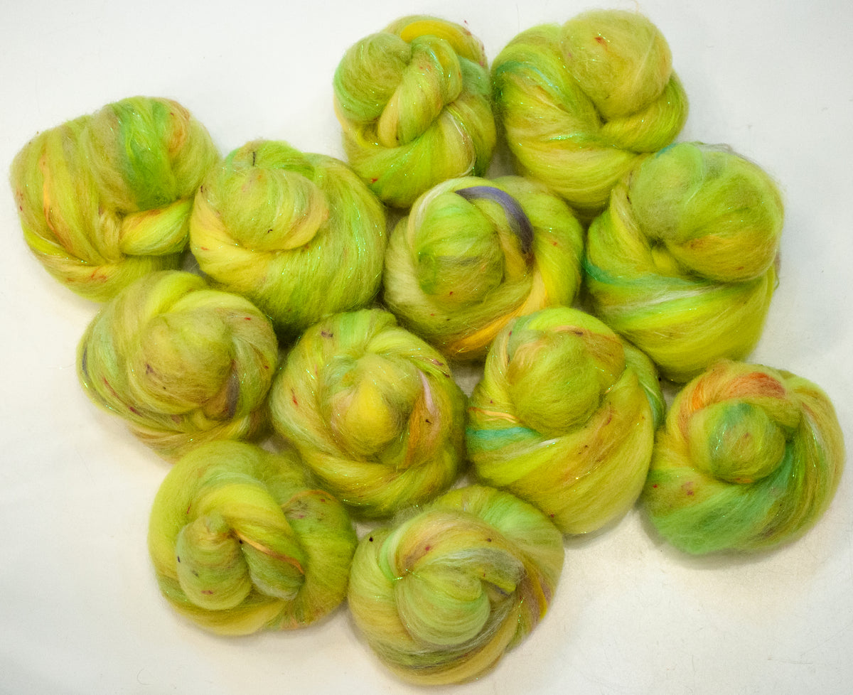 Limoncello - Sparkle Sticklebatts - Coopworth fleece, merino, CVM/slight mohair blend, tweed blend, silk, angelina