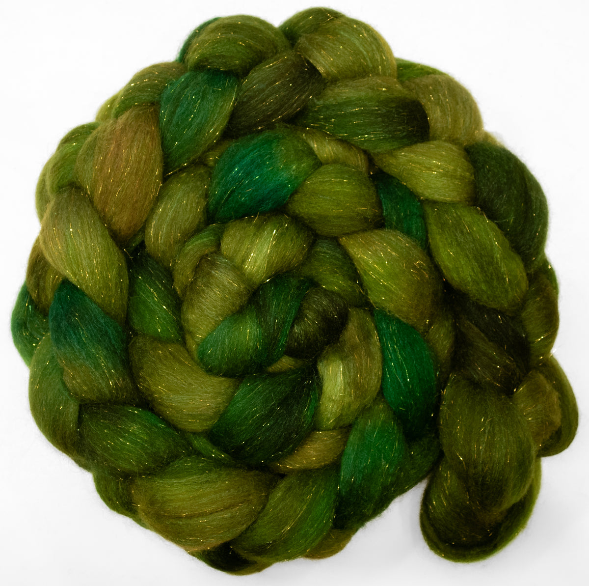 Umbrella Pine (5.7 oz) - Batt in a Braid #67 - Polwarth/Baby Camel/Tussah Silk/Gold Stellina (40/25/25/10)