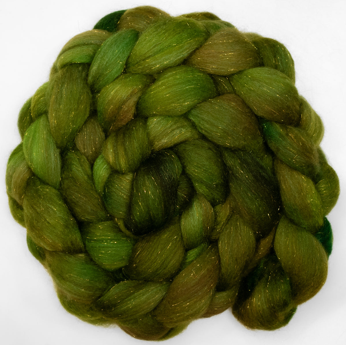 Umbrella Pine (5.7 oz) - Batt in a Braid #67 - Polwarth/Baby Camel/Tussah Silk/Gold Stellina (40/25/25/10)