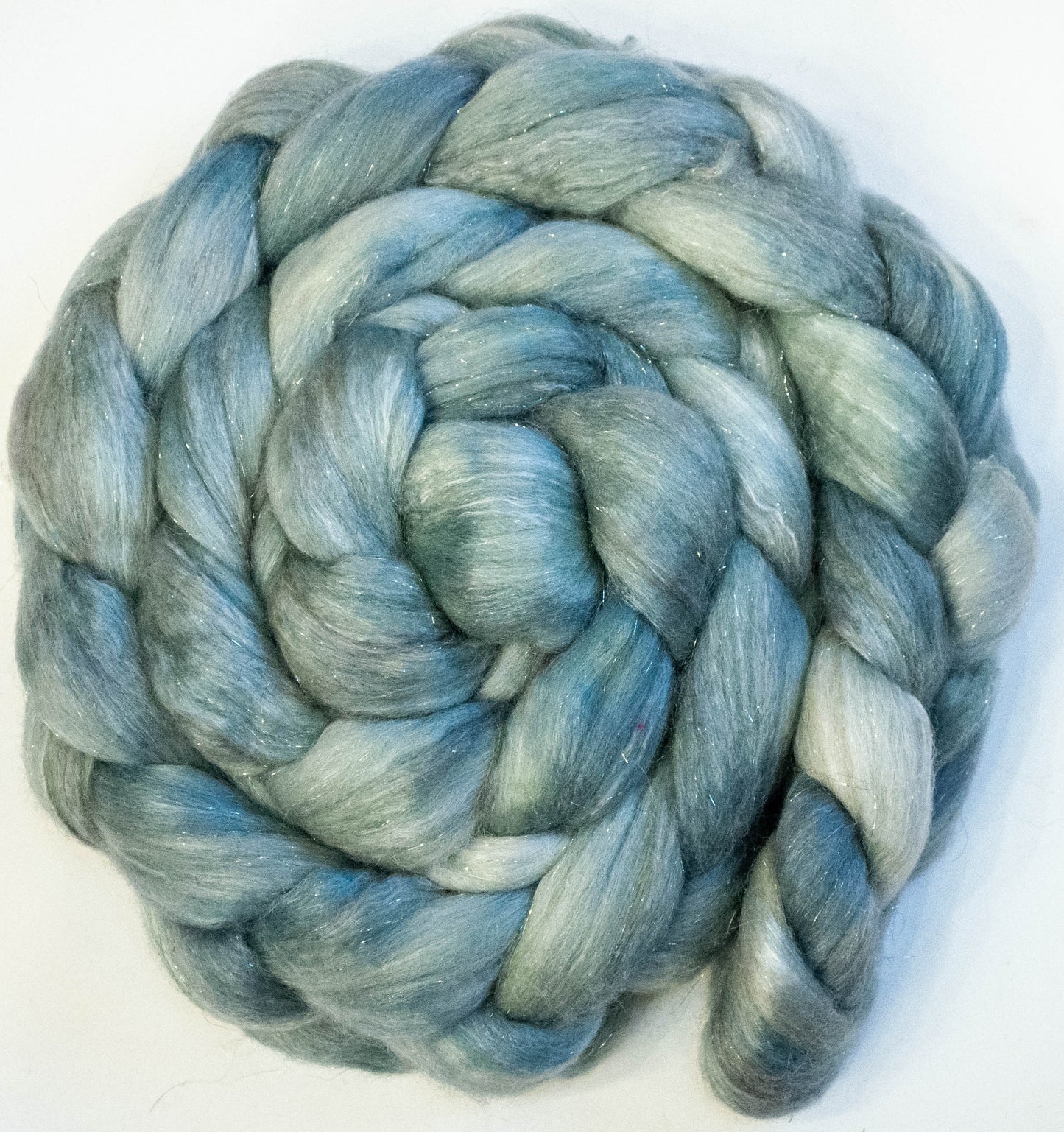Silver Sage (5.6 oz.) - Batt in a Braid #41 - Llama / Merino ( 18 mic.)/ Mulberry silk/ Stellina (40/30/25/5)
