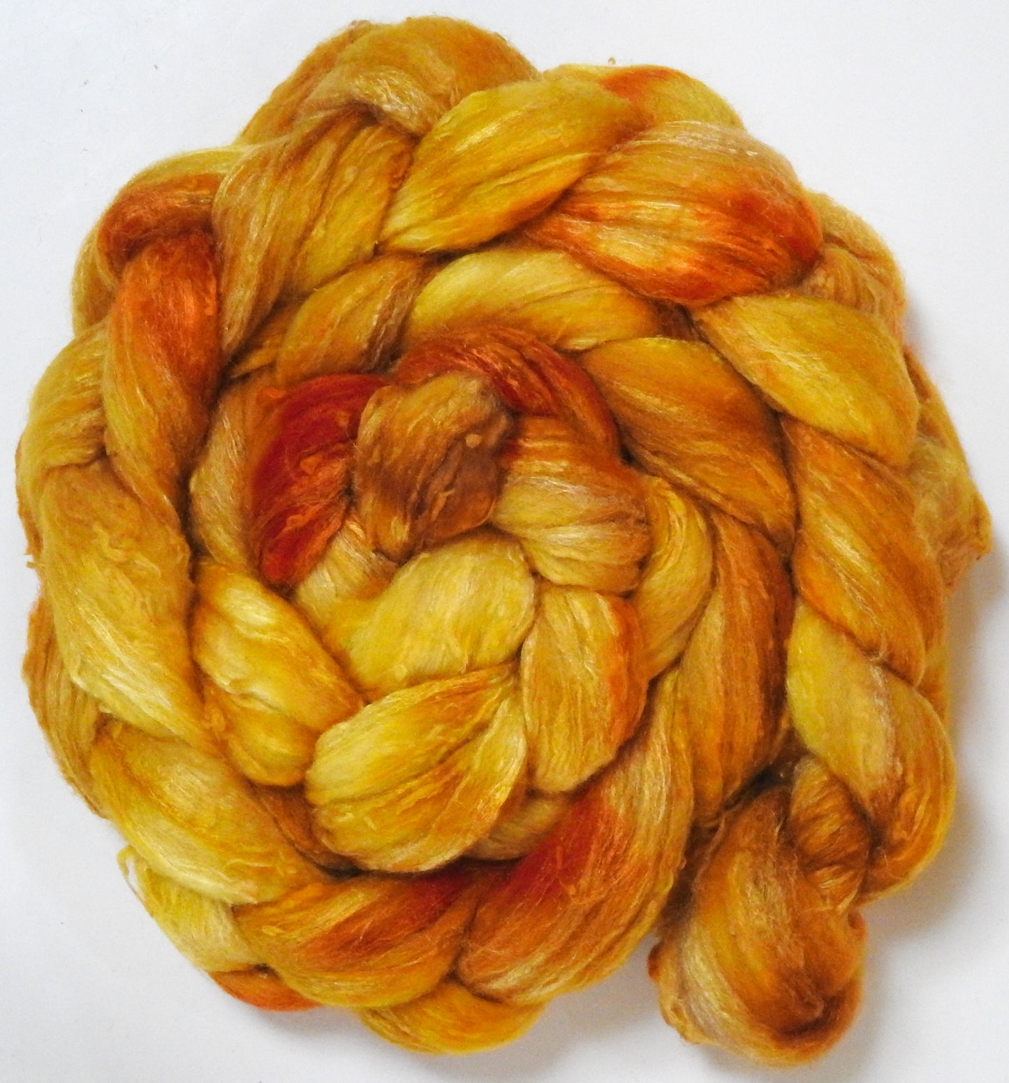 Golden Hour (5.7 oz) - Batt in a Braid #66 - Cormo/ Tussah Silk / Silk Slubs(60/25/15)
