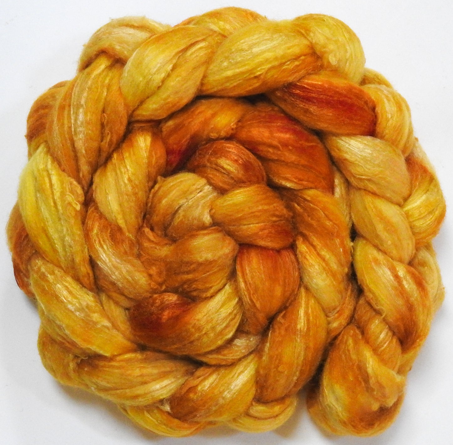 Golden Hour (5.7 oz) - Batt in a Braid #66 - Cormo/ Tussah Silk / Silk Slubs(60/25/15)