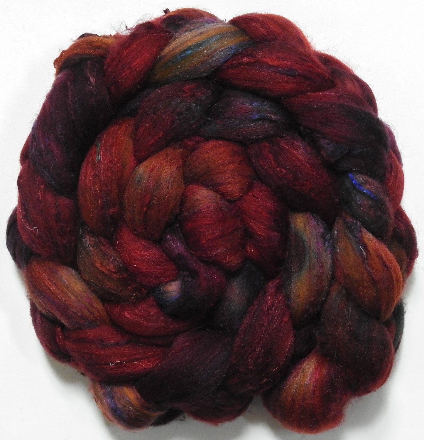 Dragon-fire (5.6 oz) - Batt in a Braid #65 - Rambouillet/ Cormo / Sari  silk/ Tussah silk (40/25/25/10)
