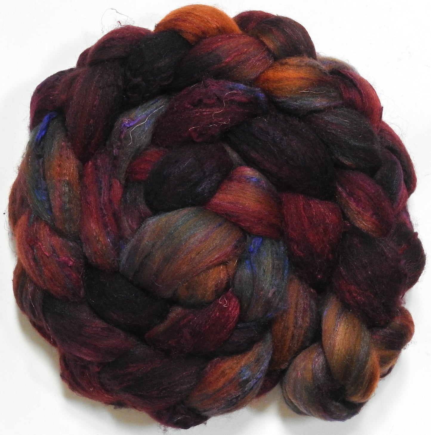 Dragon-fire (5.6 oz) - Batt in a Braid #65 - Rambouillet/ Cormo / Sari  silk/ Tussah silk (40/25/25/10)