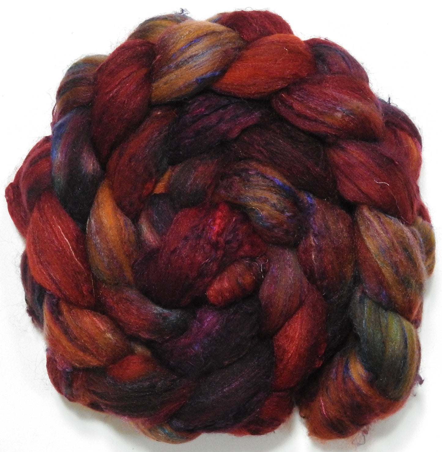 Dragon-fire (5.6 oz) - Batt in a Braid #65 - Rambouillet/ Cormo / Sari  silk/ Tussah silk (40/25/25/10)
