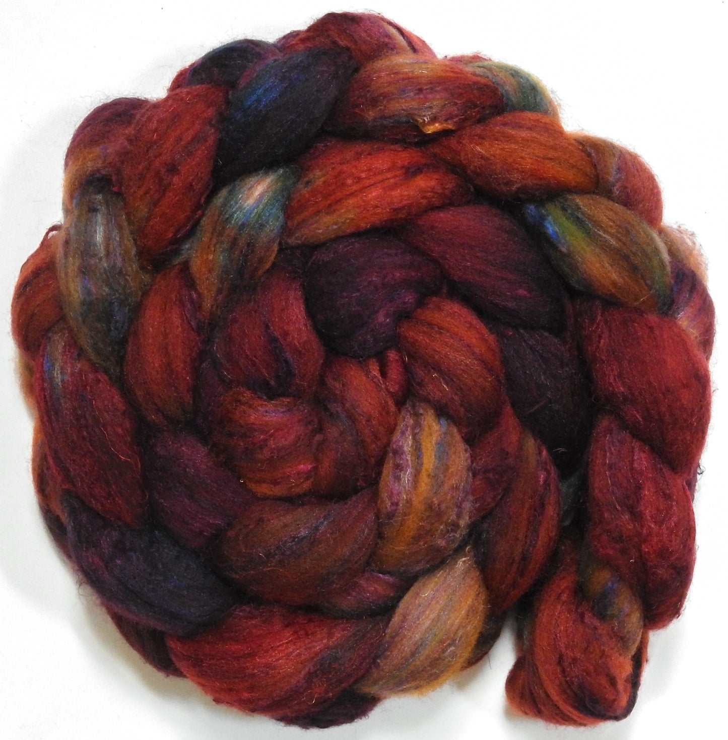 Dragon-fire (5.6 oz) - Batt in a Braid #65 - Rambouillet/ Cormo / Sari  silk/ Tussah silk (40/25/25/10)