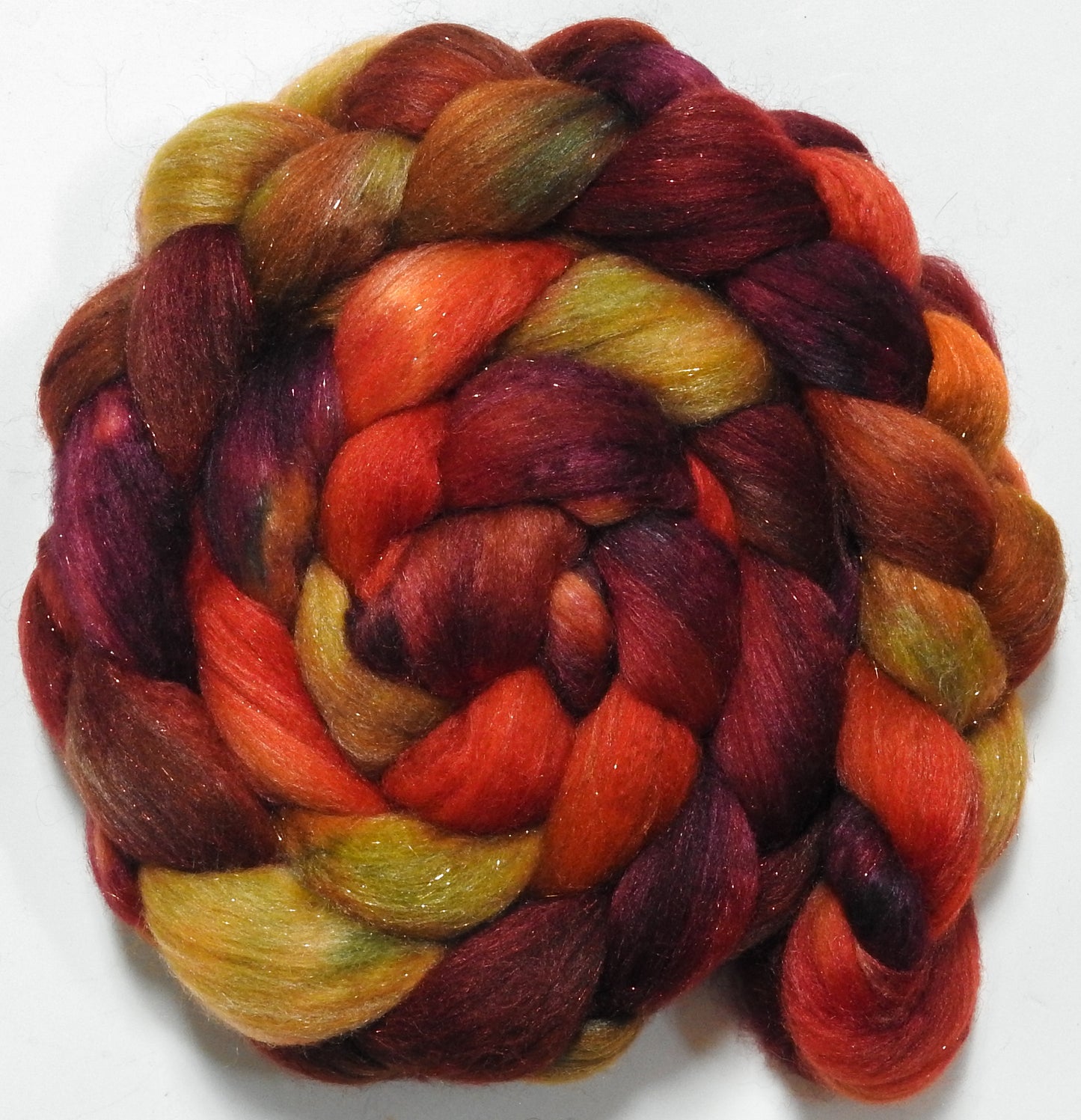 Dragon-Fire (5.6 oz) - Batt in a Braid #67 - Polwarth/Baby Camel/Tussah Silk/ Gold Stellina (40/25/25/10)