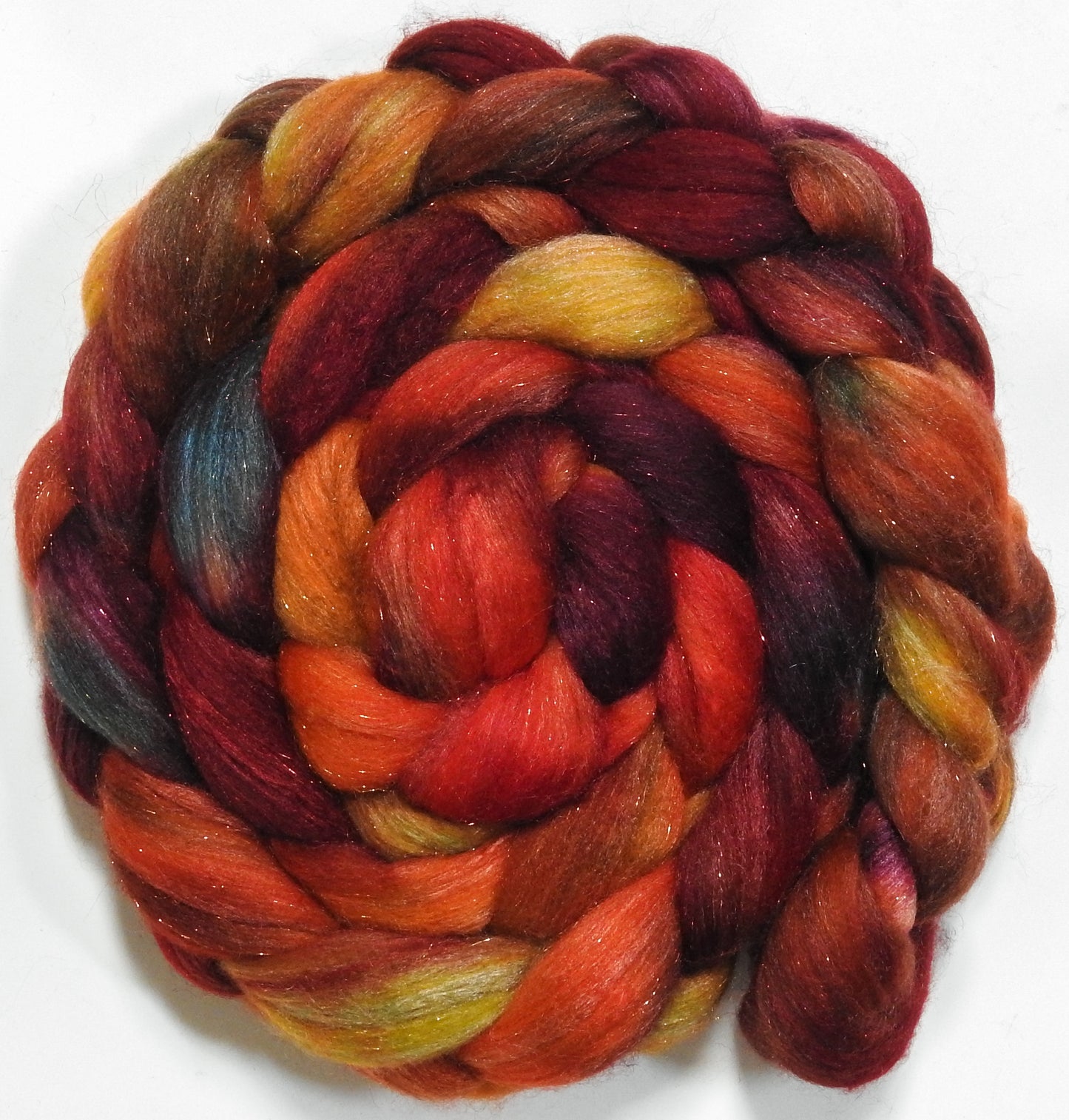 Dragon-Fire (5.6 oz) - Batt in a Braid #67 - Polwarth/Baby Camel/Tussah Silk/ Gold Stellina (40/25/25/10)