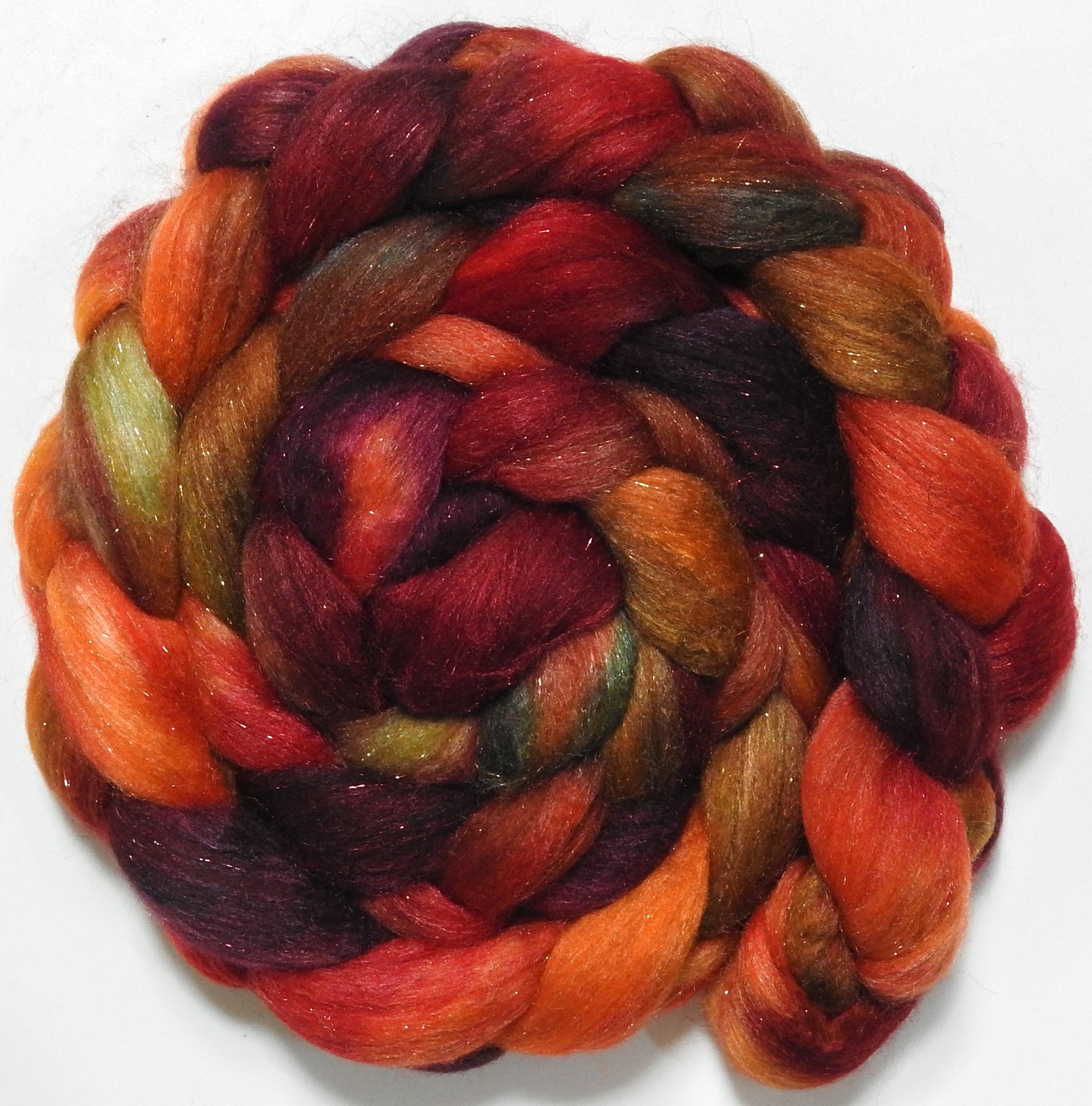 Dragon-Fire (5.6 oz) - Batt in a Braid #67 - Polwarth/Baby Camel/Tussah Silk/ Gold Stellina (40/25/25/10)