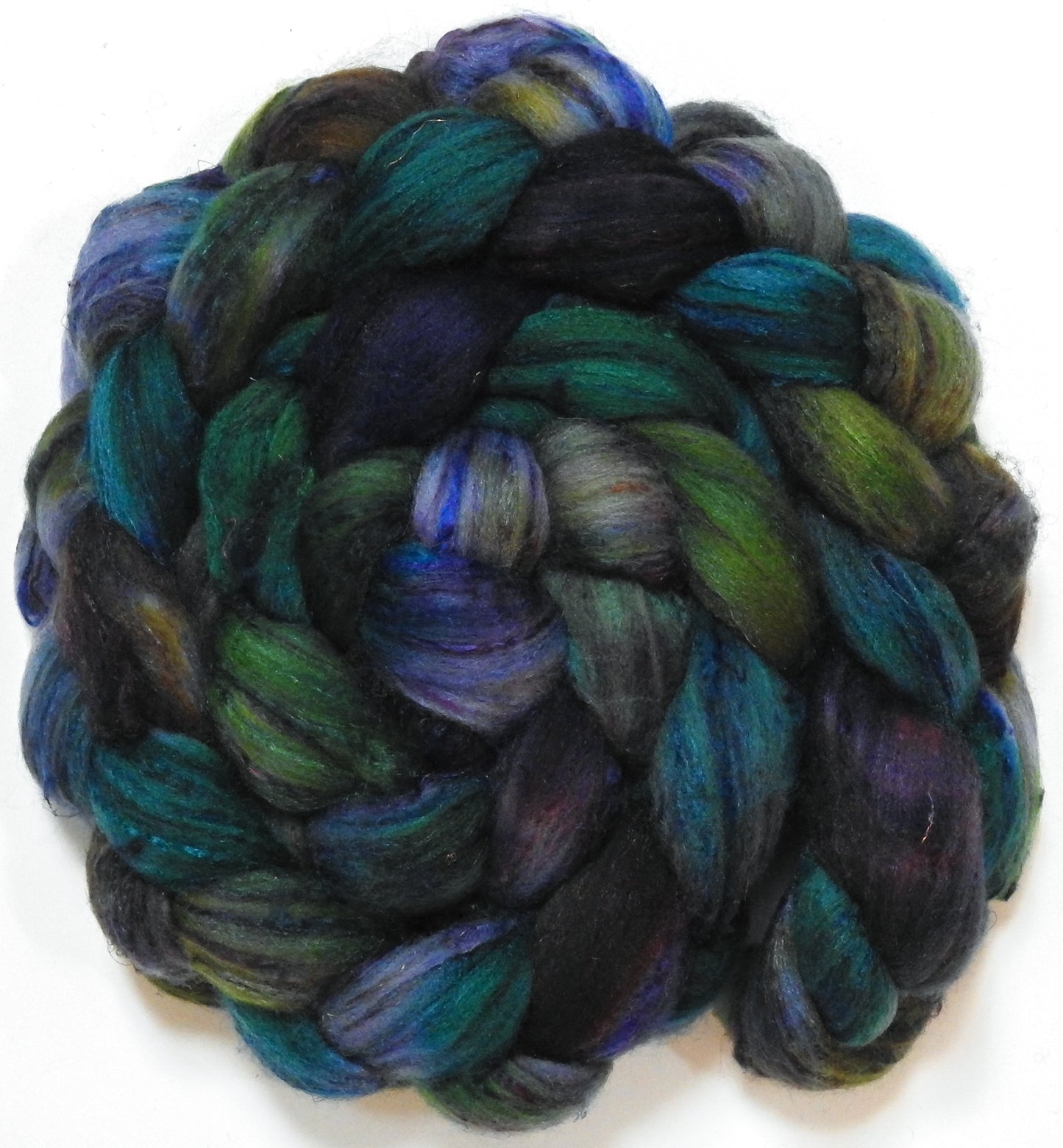 Watcher in the Water (5.6 oz) - Batt in a Braid #65 - Rambouillet/ Cormo / Sari  silk/ Tussah silk (40/25/25/10)