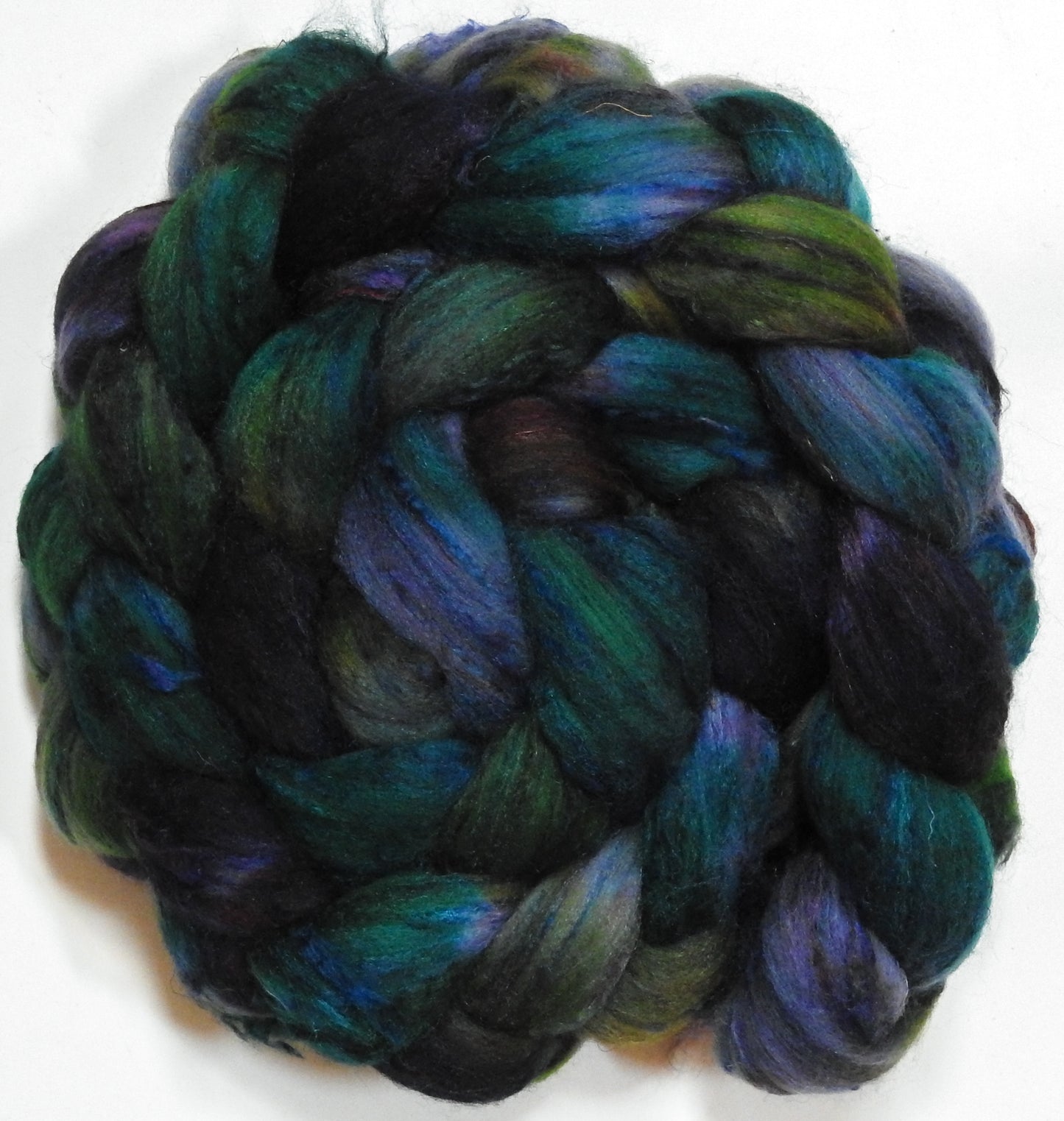 Watcher in the Water (5.6 oz) - Batt in a Braid #65 - Rambouillet/ Cormo / Sari  silk/ Tussah silk (40/25/25/10)