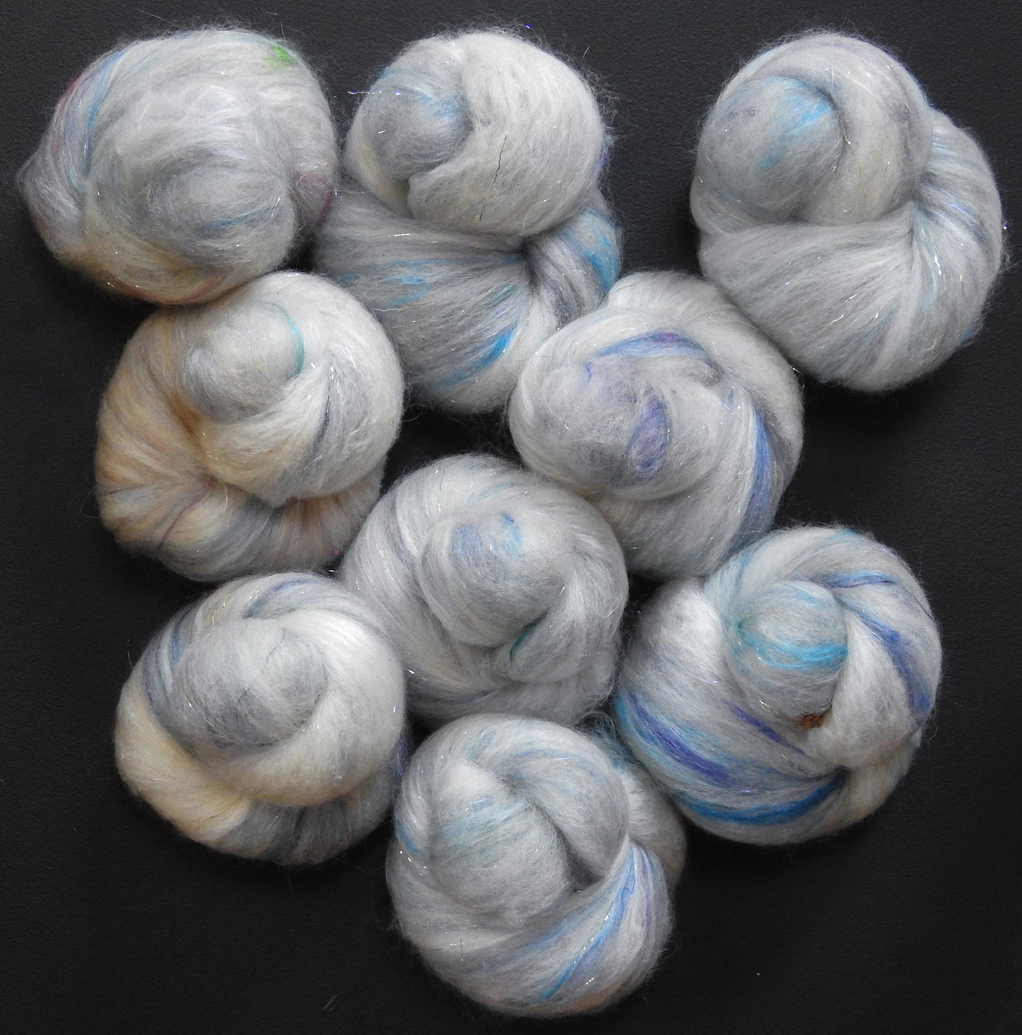 Frost Moon - Sparkle Sticklebatts - Corriedale X Southdown fleece, haunui/silk top, merino, silk, Pearl Fiber, Lonk, angelina, sari silk
