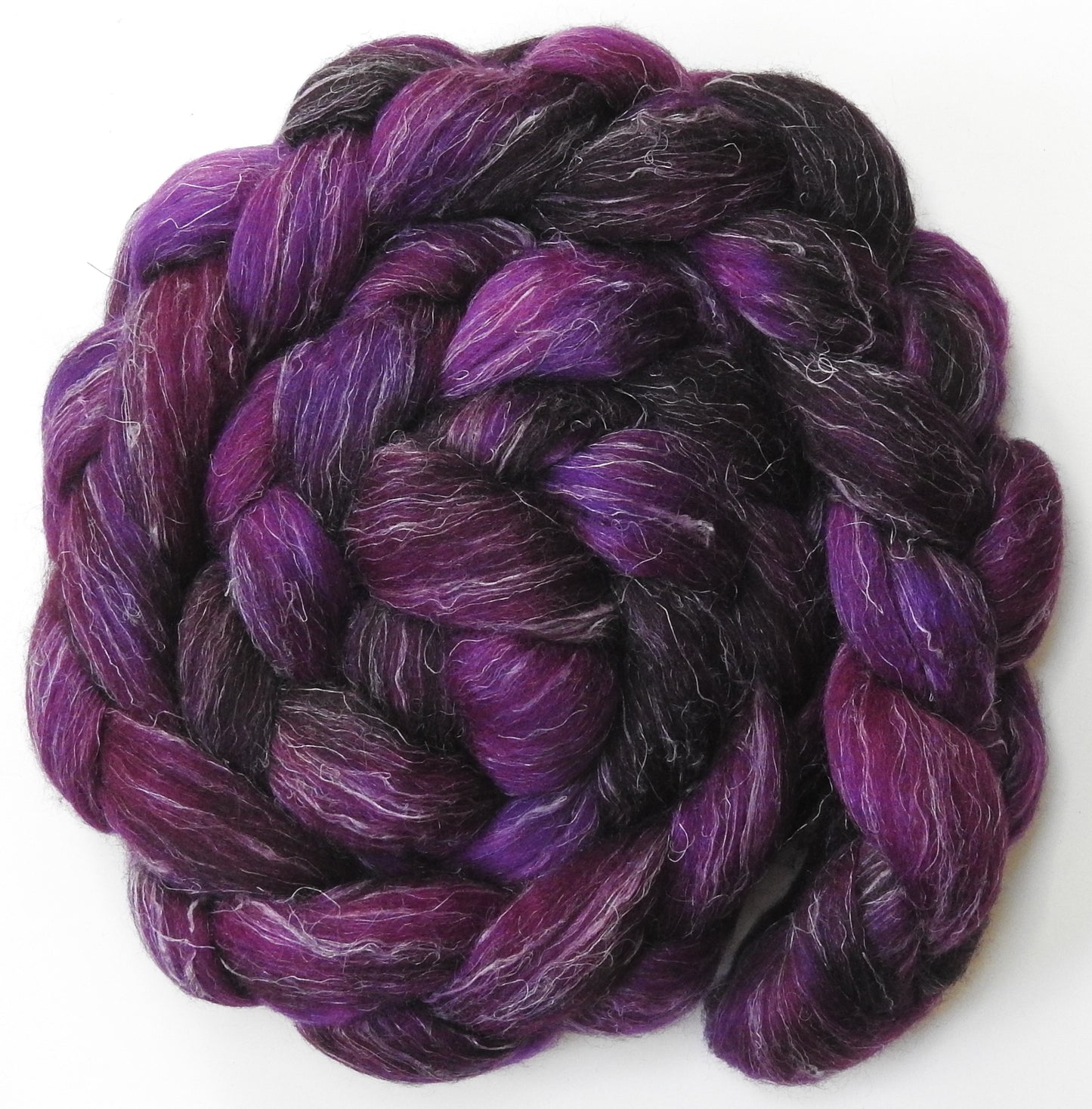 Aubergine (5.8 oz) - Batt in a Braid #3 - Polwarth/ Tussah Silk/ Flax (50/25/25)