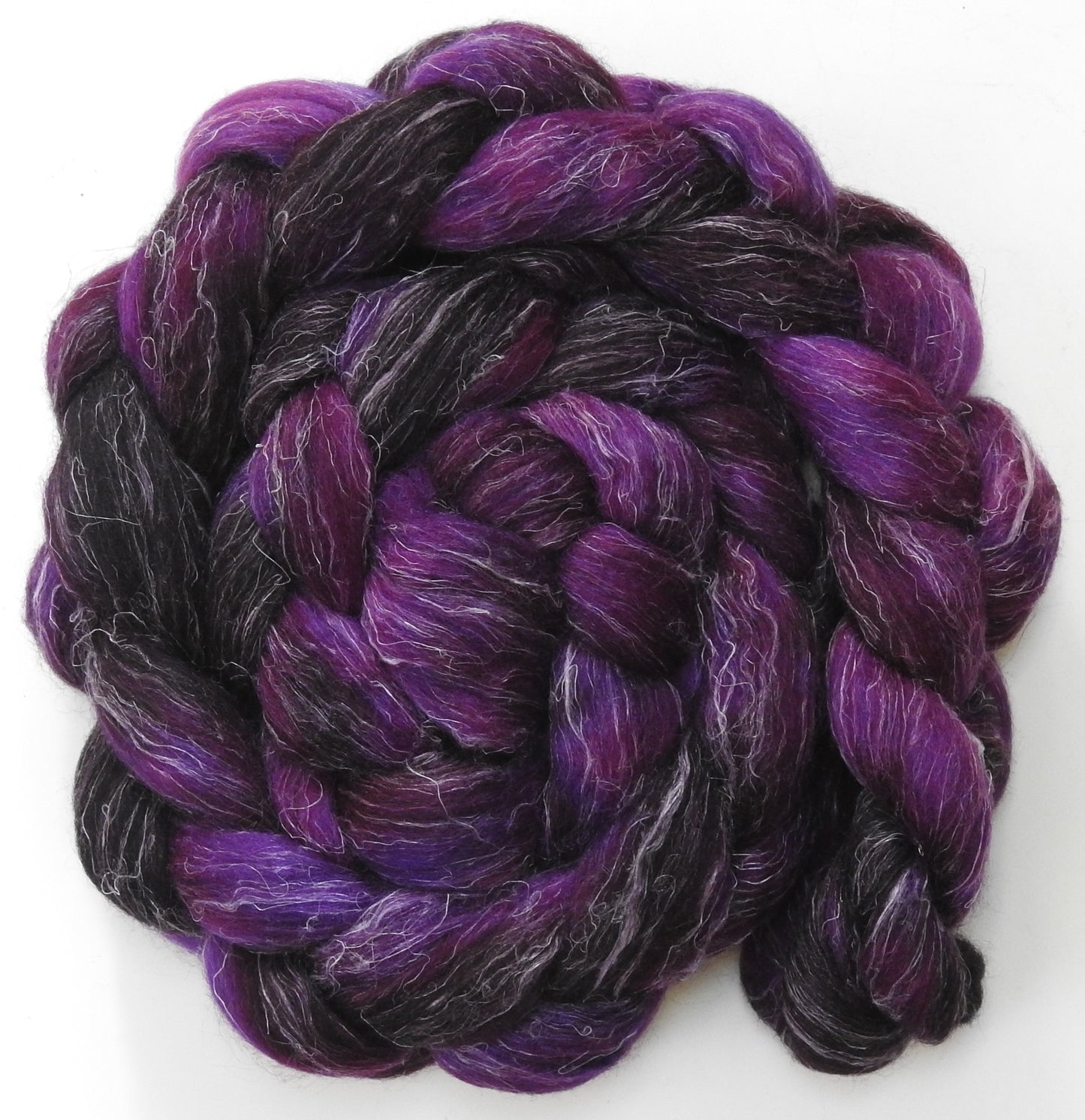 Aubergine (5.8 oz) - Batt in a Braid #3 - Polwarth/ Tussah Silk/ Flax (50/25/25)