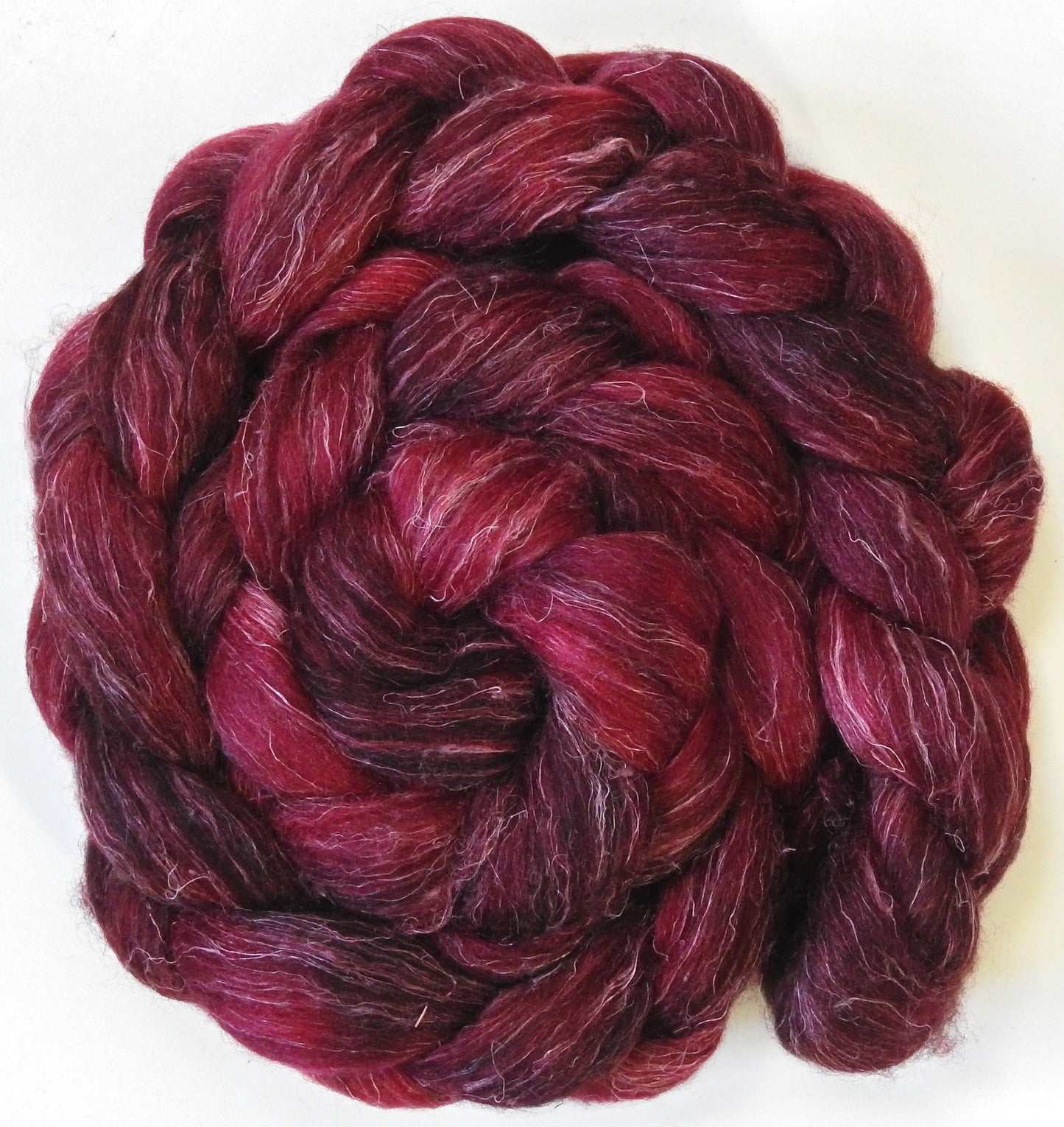 Red Velvet Cake (5.7 oz) - Batt in a Braid #3 - Polwarth/ Tussah Silk/ Flax (50/25/25)