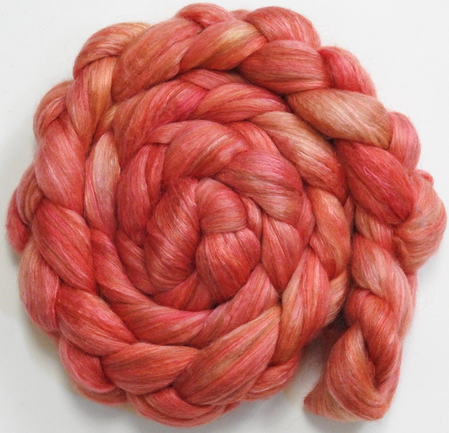 Flamingo (5.6 oz) - Batt in a Braid #31 - Polwarth/ Mulberry Silk / Baby Alpaca / Rainbow Firestar/ Tencel( 40/25/15/10/10)