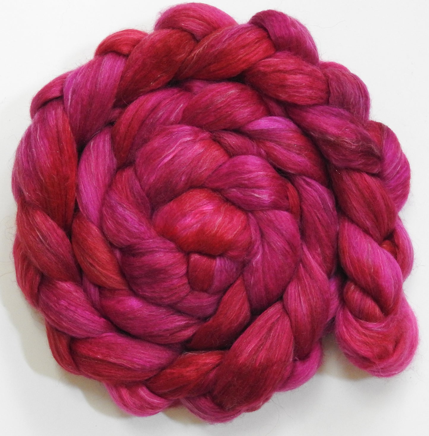 Radish (5.6 oz) - Batt in a Braid #31 - Polwarth/ Mulberry Silk / Baby Alpaca / Rainbow Firestar/ Tencel( 40/25/15/10/10)