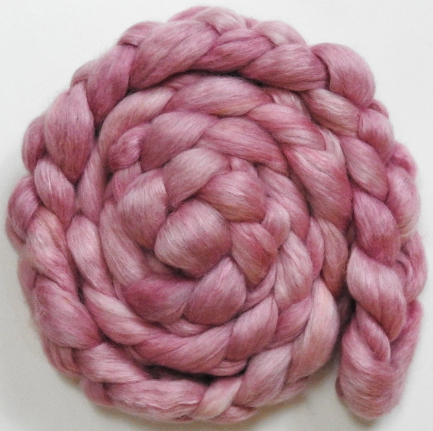 Blush (5.5 oz) - Batt in a Braid #52- Wensleydale/ Mulberry silk/ Polwarth (60/25/15)