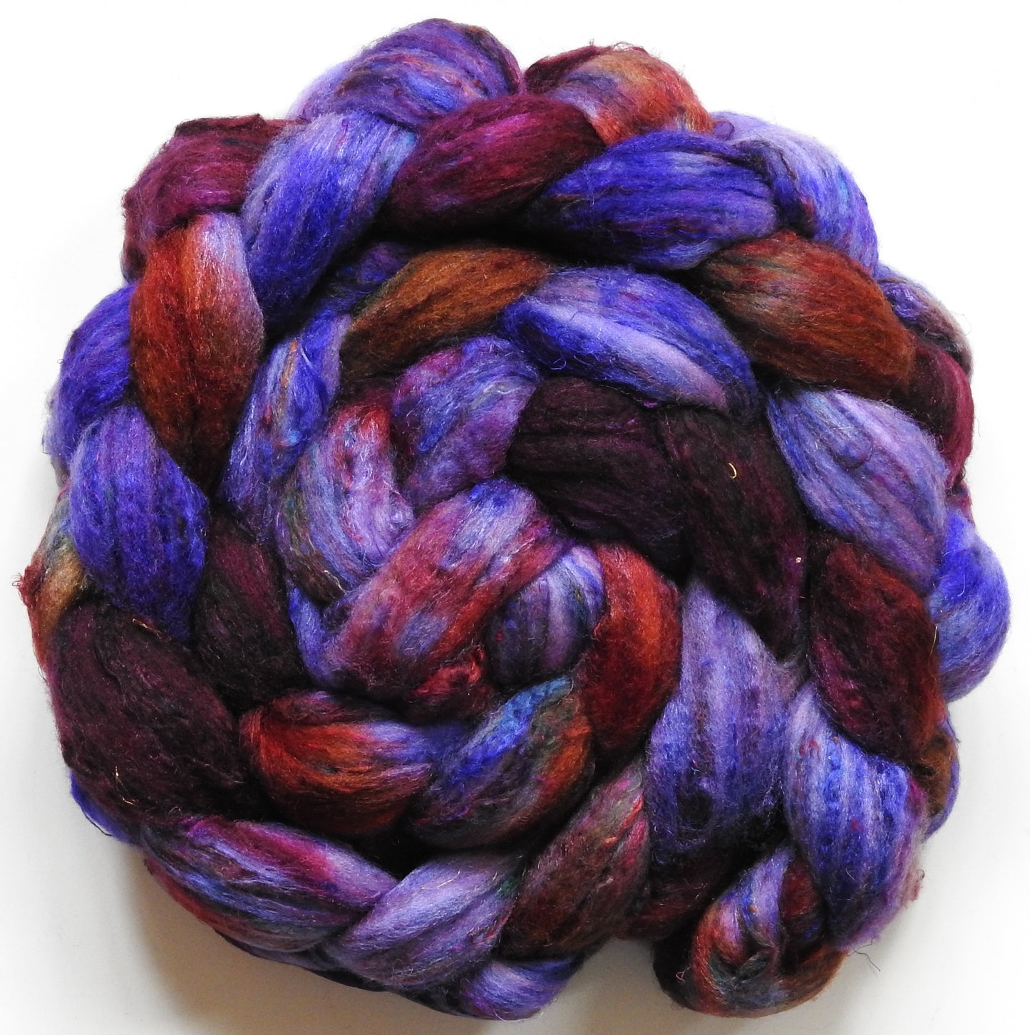 March Madness (5.6 oz) - Batt in a Braid #65 - Rambouillet/ Cormo / Sari  silk/ Tussah silk (40/25/25/10)