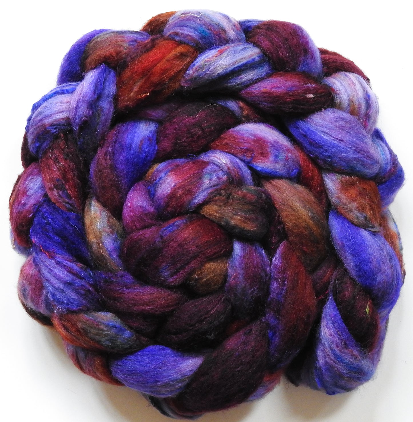 March Madness (5.6 oz) - Batt in a Braid #65 - Rambouillet/ Cormo / Sari  silk/ Tussah silk (40/25/25/10)