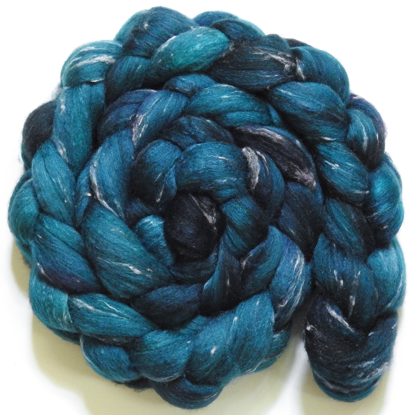 Blue Spruce (6 oz)- Batt in a Braid #49- Polwarth/Silk/ Tweed (50/25/25)