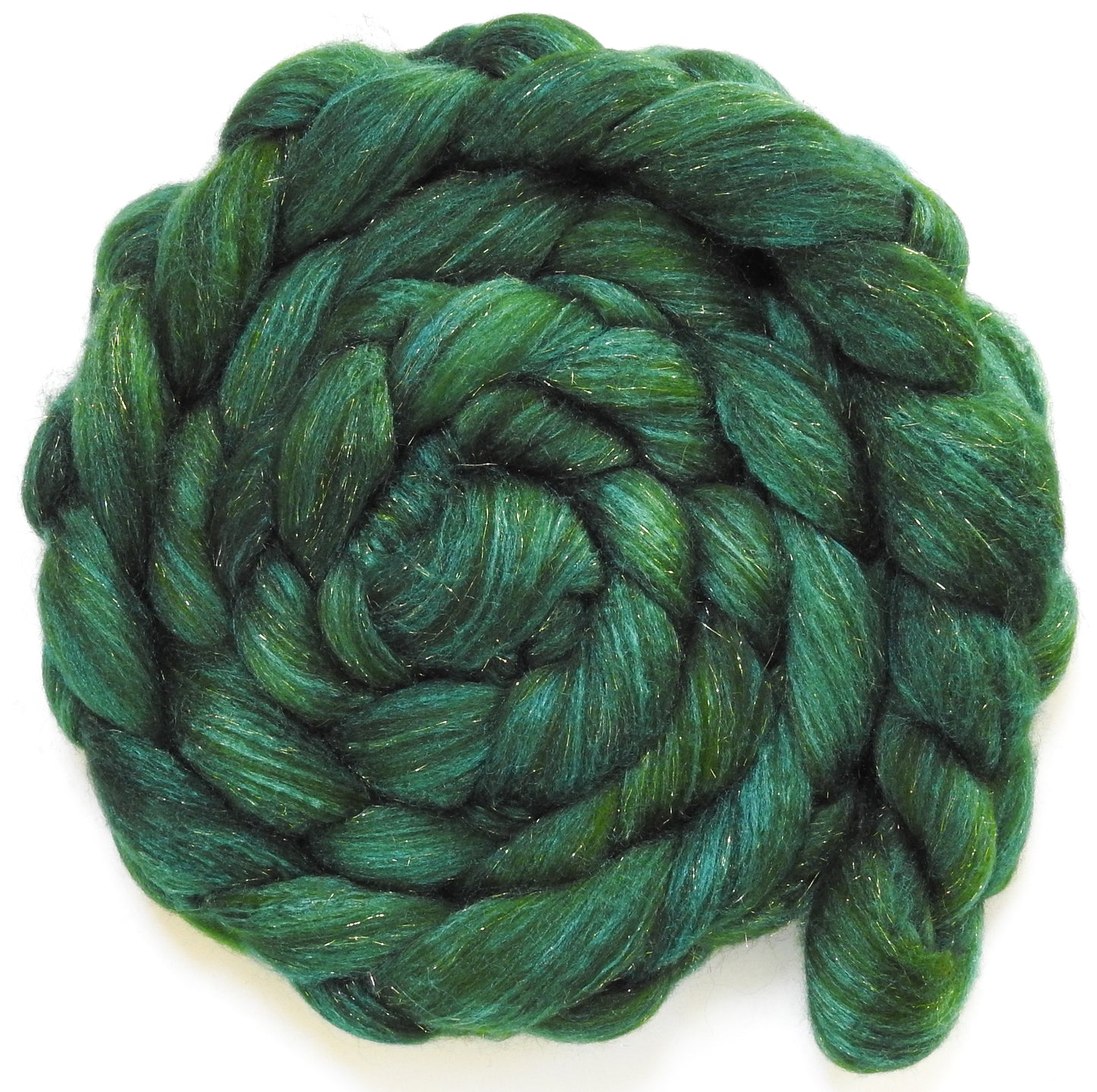 Dill Pickle (5.4 oz) - Batt in a Braid #67 - Polwarth/Baby Camel/Tussah Silk/Gold Stellina (40/25/25/10)