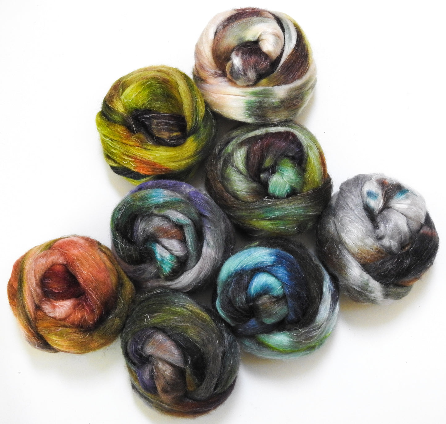 Raw Minerals - Dyed Gradient Set (11.2 oz)- Batt in a Braid #3 - Polwarth/Tussah Silk/Flax (50/25/25)