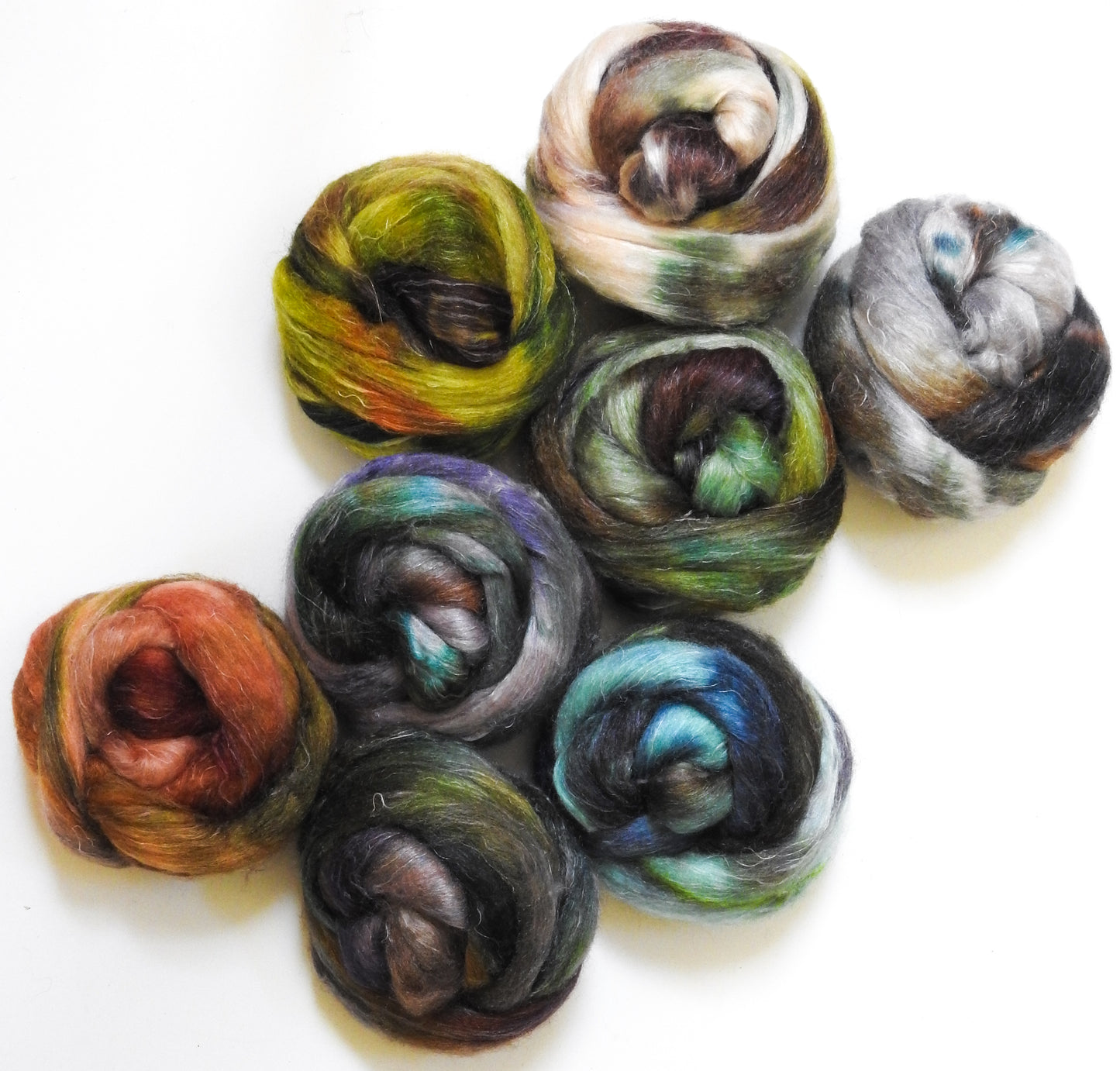 Raw Minerals - Dyed Gradient Set (11.2 oz)- Batt in a Braid #3 - Polwarth/Tussah Silk/Flax (50/25/25)