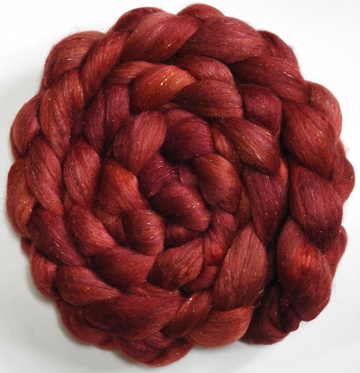 Henna (5.7 oz.) - Batt in a Braid #41 - Llama / Merino ( 18 mic.)/ Mulberry silk/ Stellina (40/30/25/5)