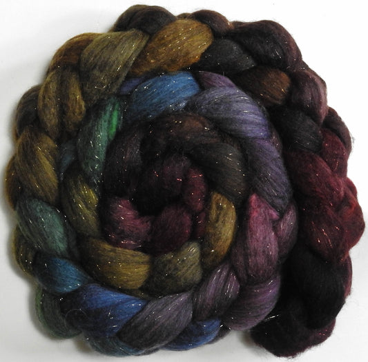 End of the Rainbow (5.5 oz) - Batt in a Braid #59- Merino/ Baby Camel/ black Tussah Silk/ Gold Stellina(40/25/25/10)