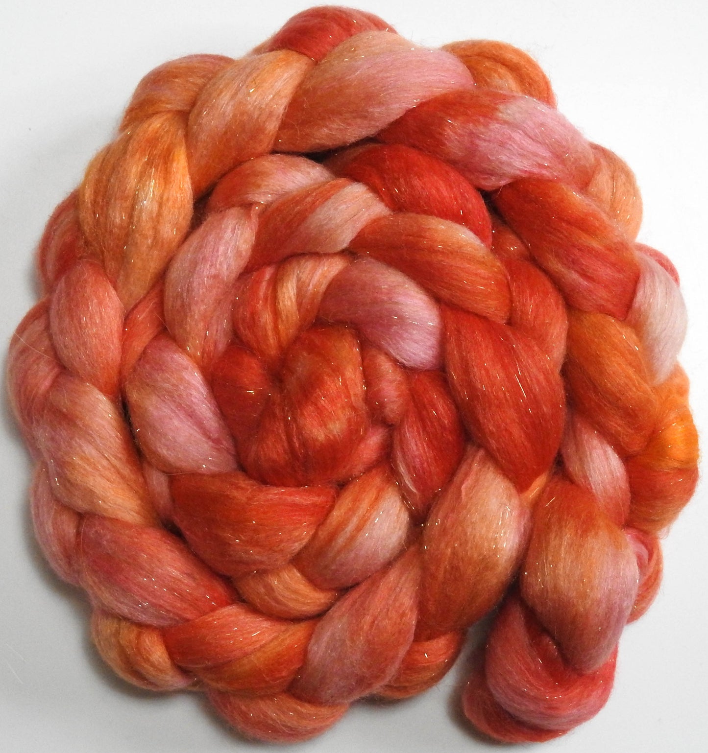 Hibiscus (5.6 oz.) - Batt in a Braid #41 - Llama / Merino ( 18 mic.)/ Mulberry silk/ Stellina (40/30/25/5)