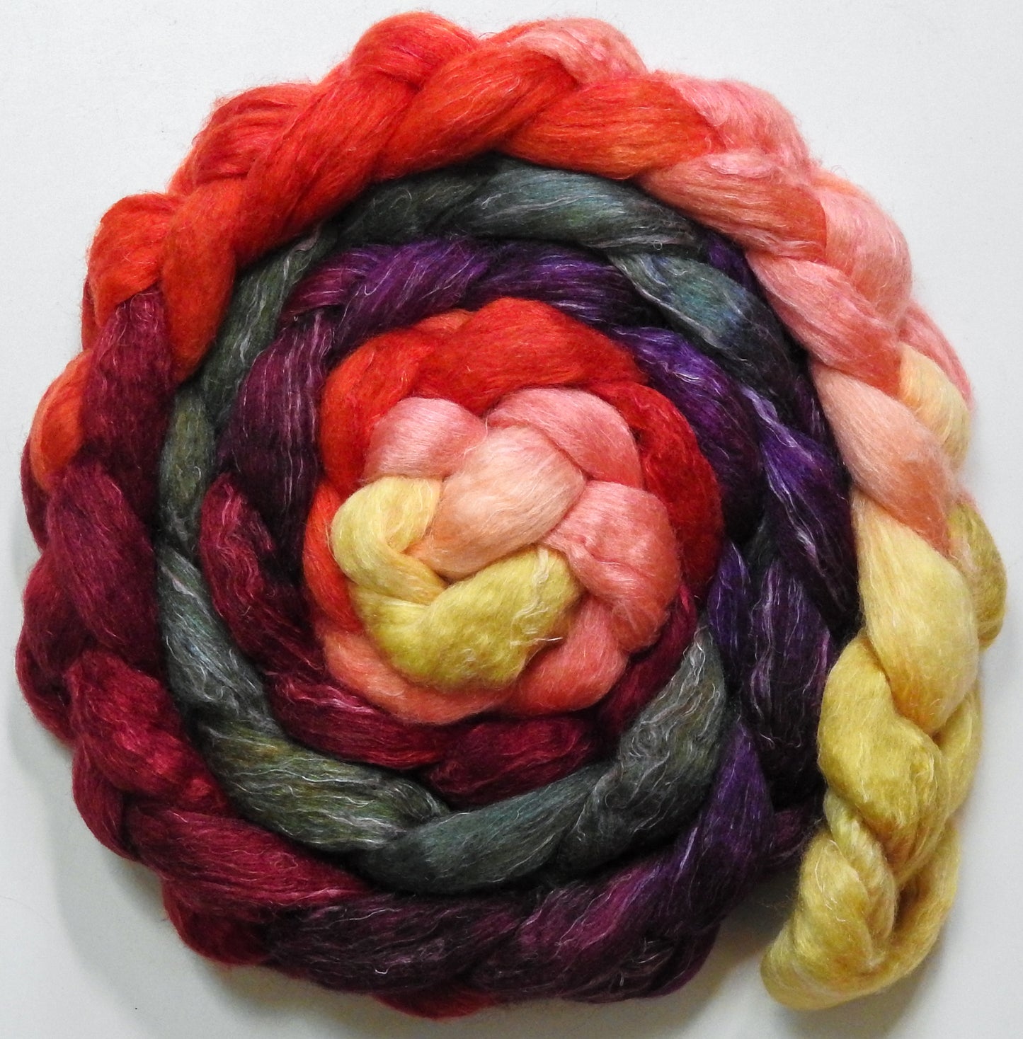 Cherry Medley (5.7 oz) - Batt in a Braid #3 - Polwarth/ Tussah Silk/ Flax (50/25/25)