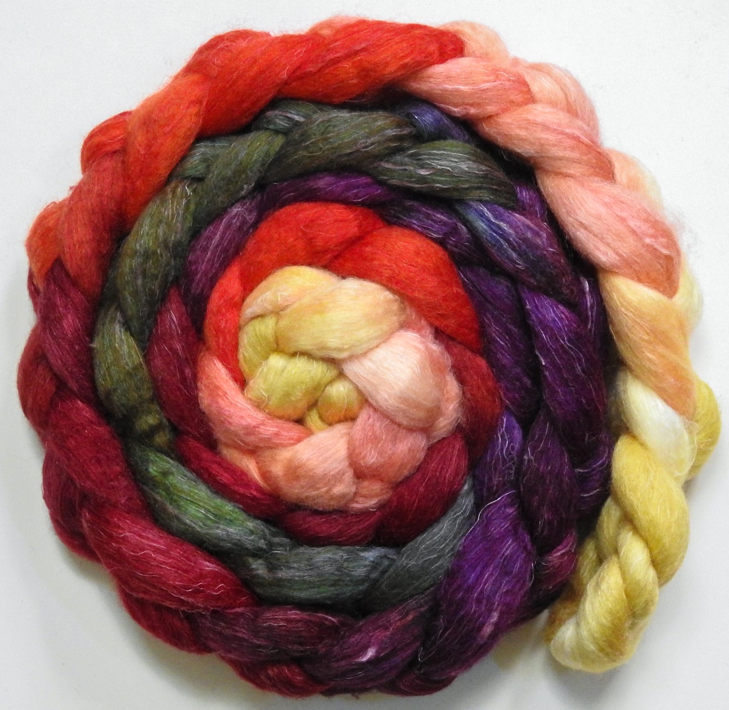 Cherry Medley (5.7 oz) - Batt in a Braid #3 - Polwarth/ Tussah Silk/ Flax (50/25/25)