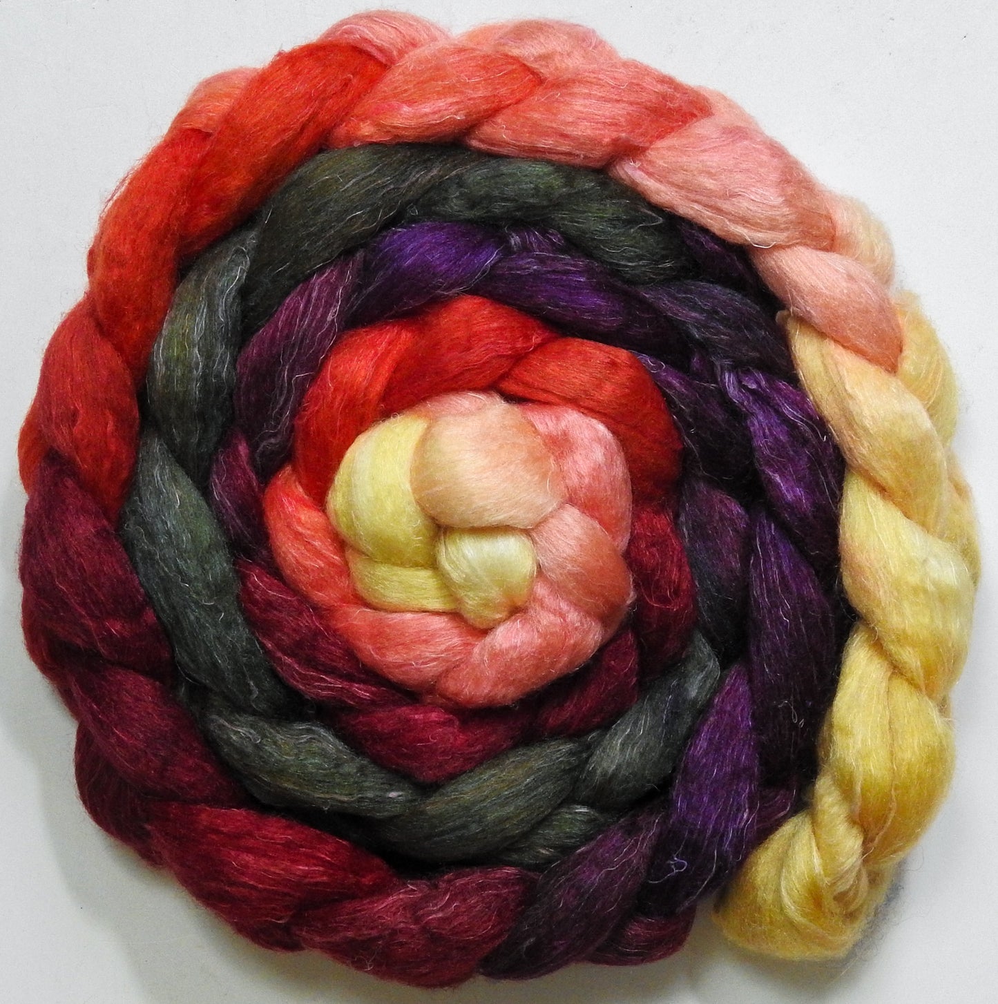 Cherry Medley (5.7 oz) - Batt in a Braid #3 - Polwarth/ Tussah Silk/ Flax (50/25/25)