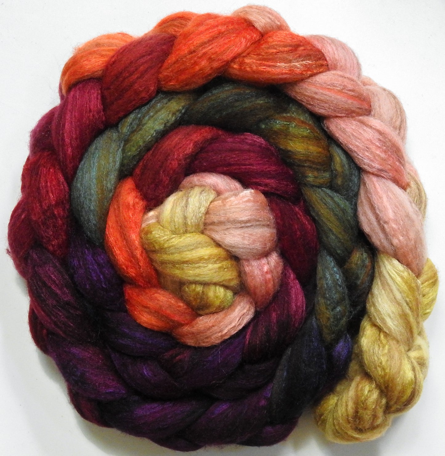 Cherry Medley (5.6 oz) - Batt in a Braid #69 - Manx Loaghtan/ Polwarth / tussah silk /nylon (30/30/30/10)