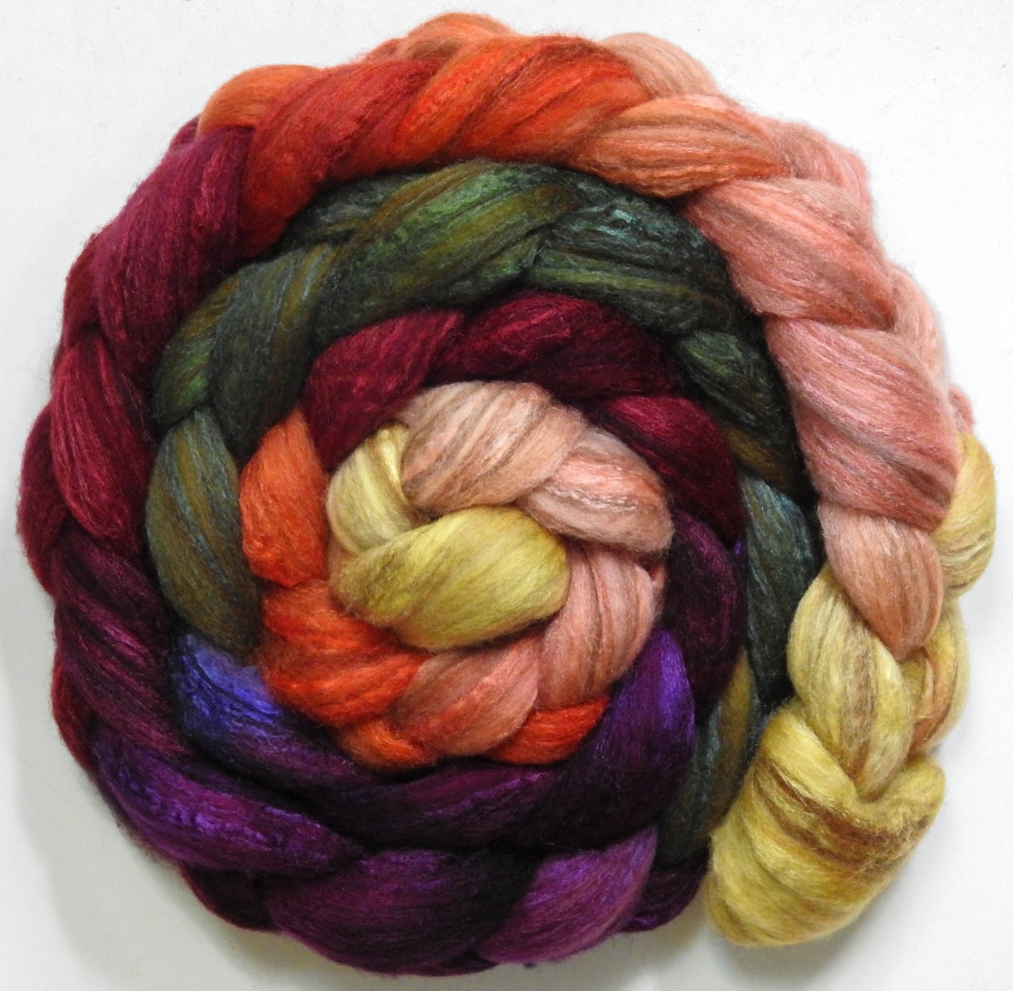 Cherry Medley (5.6 oz) - Batt in a Braid #69 - Manx Loaghtan/ Polwarth / tussah silk /nylon (30/30/30/10)