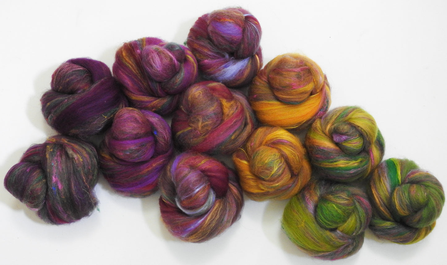 Highland Heather -(4 oz) NON -Sparkle Sticklebatts -BOND fleece, Merino, Hebridean Wool, silk, Sari silk