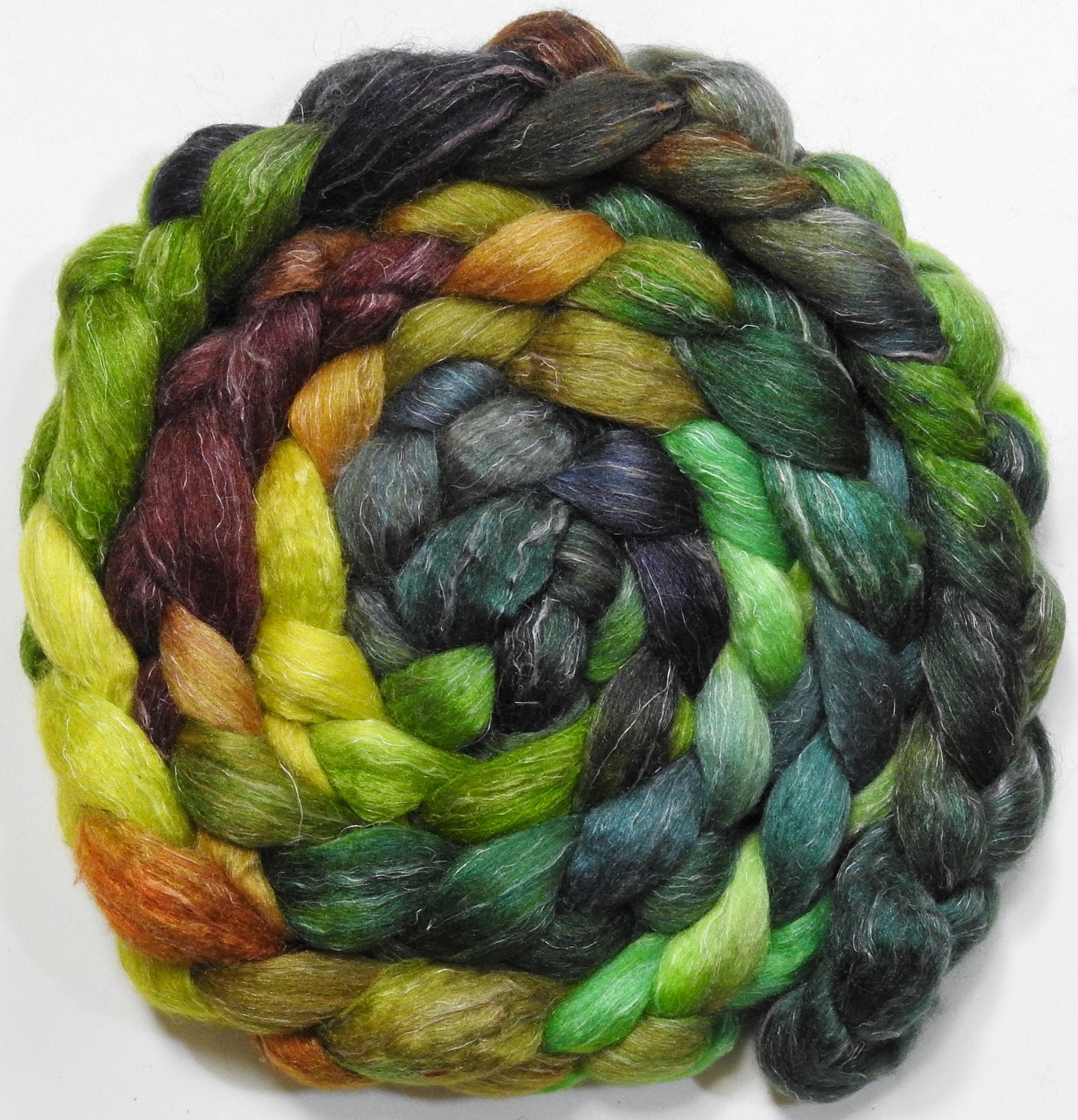 Mossy (5.6 oz) - Batt in a Braid #3 - Polwarth/ Tussah Silk/ Flax (50/25/25)