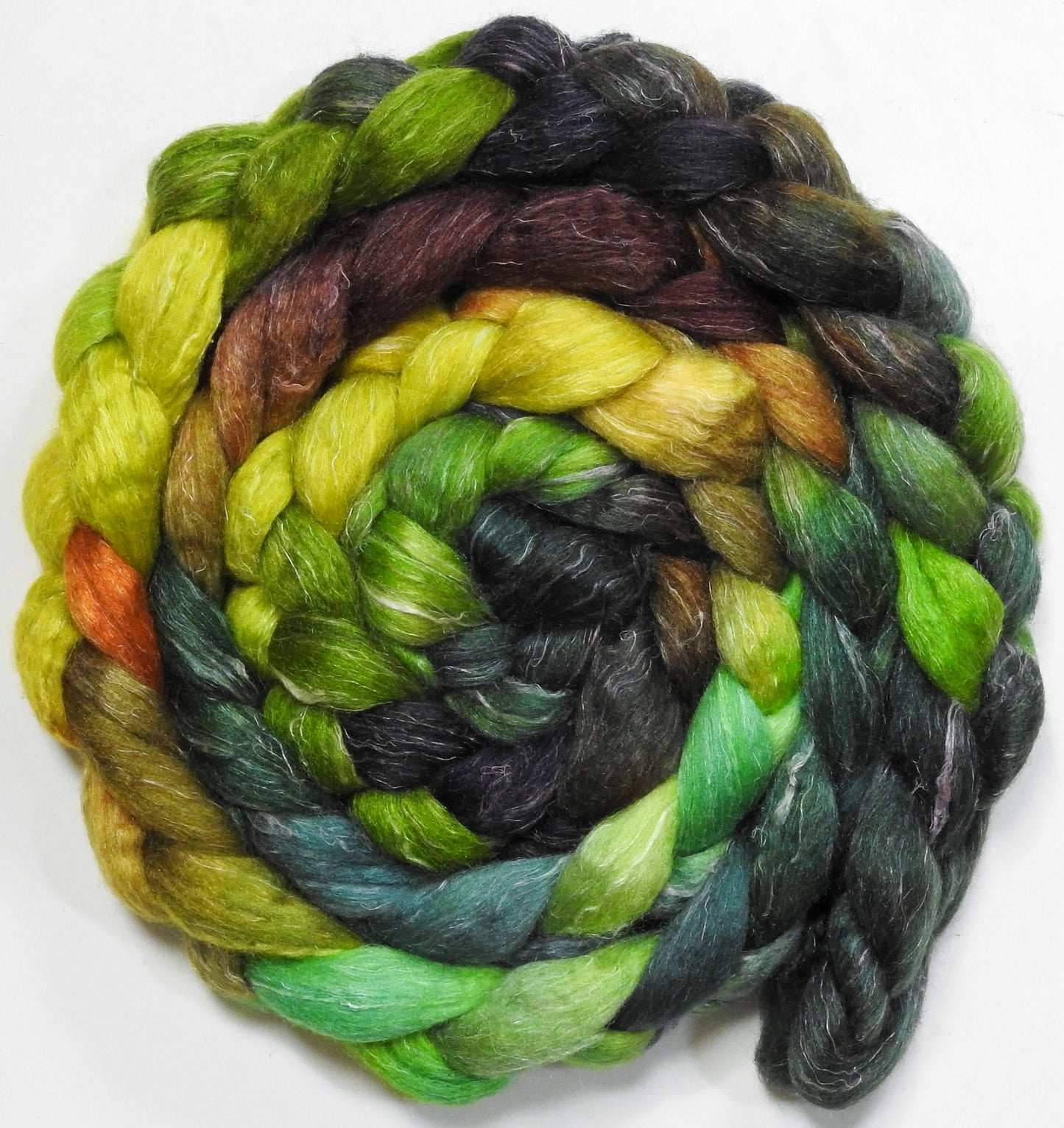 Mossy (5.6 oz) - Batt in a Braid #3 - Polwarth/ Tussah Silk/ Flax (50/25/25)