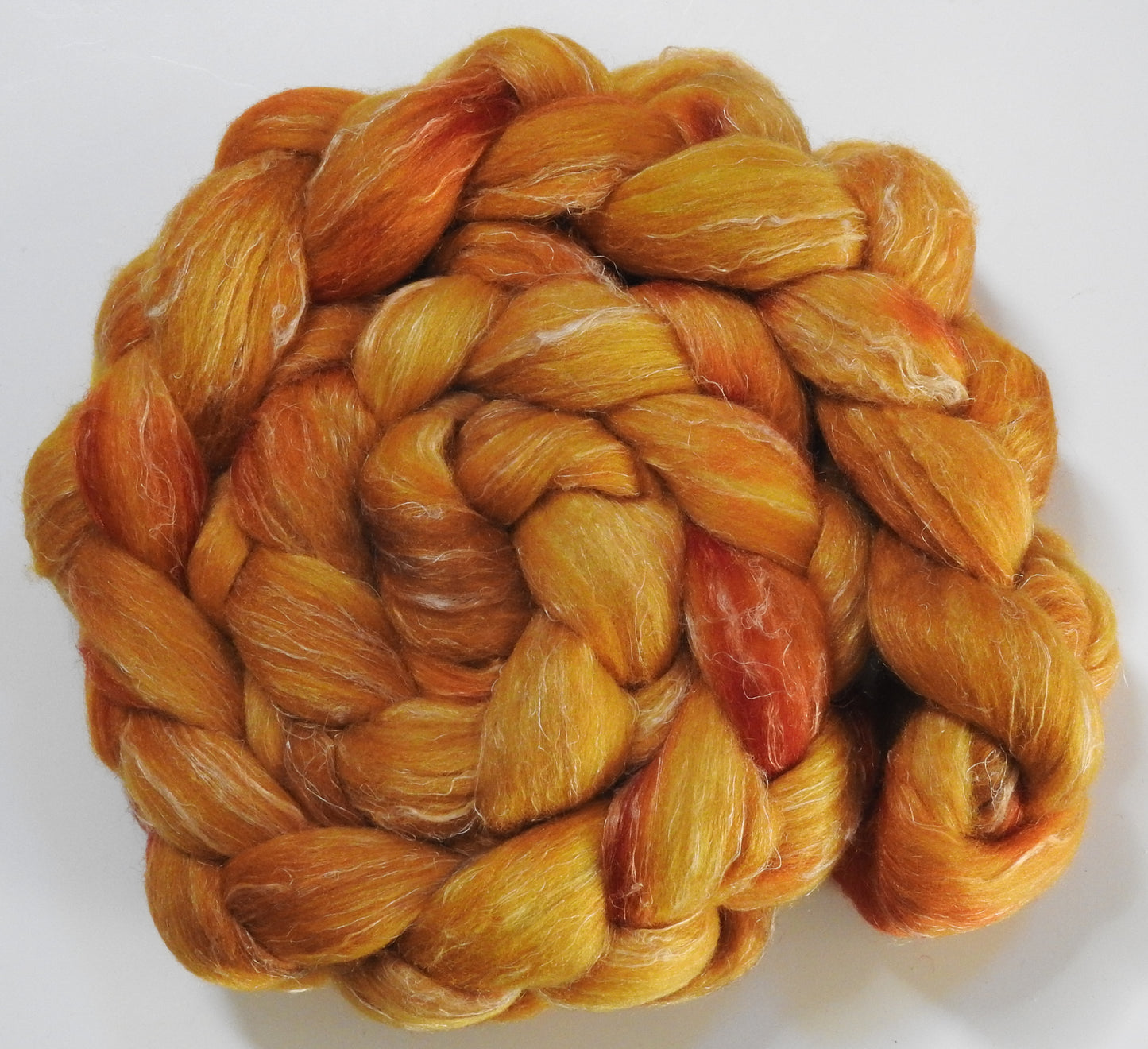 Golden Hour (5.6 oz) - Batt in a Braid #29 - Rambouillet / Tussah / Flax (40/40/20)