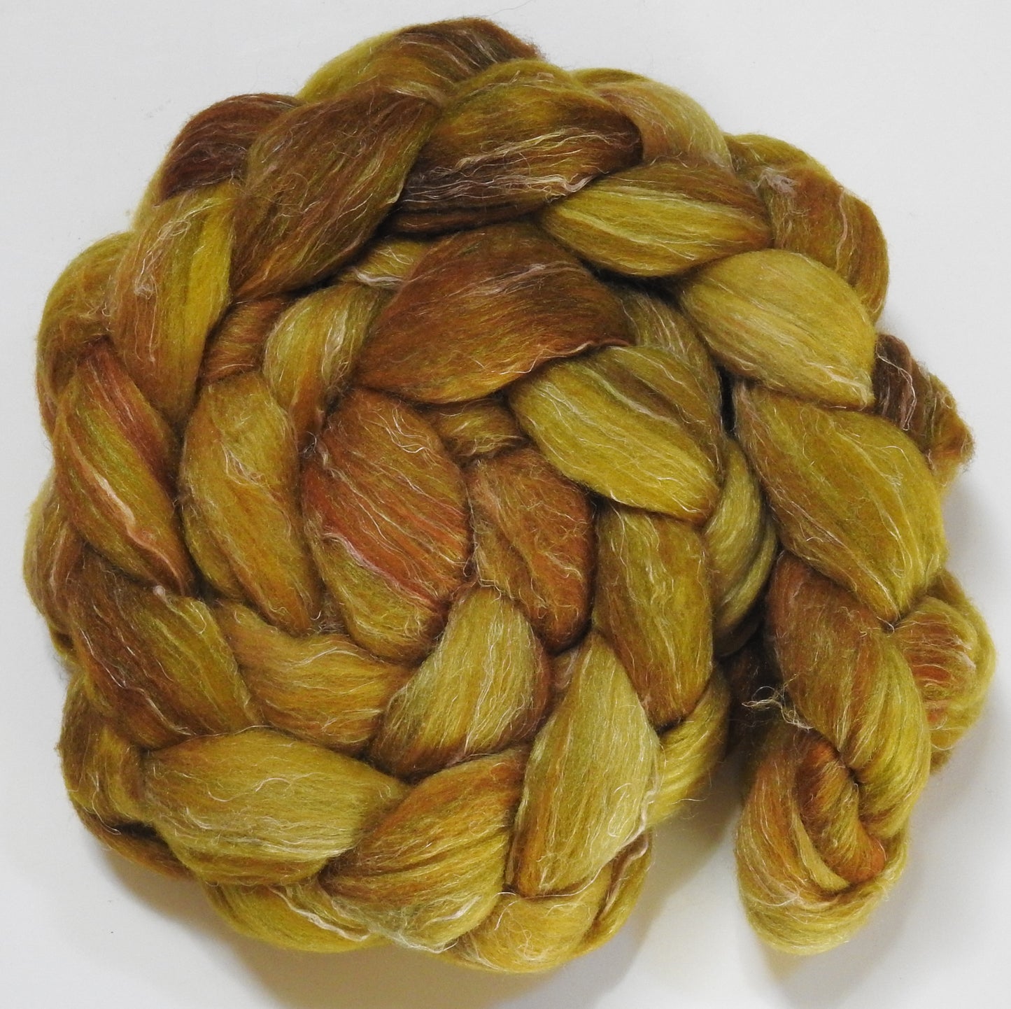 Stoneground Mustard- Batt in a Braid #29 - Rambouillet / Tussah / Flax (40/40/20)