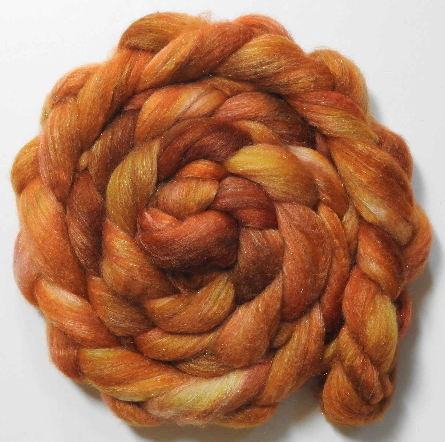 Bit O'Honey (5.5oz) - Batt in a Braid #67 - Polwarth/Baby Camel/Tussah Silk/Gold Stellina (40/25/25/10)