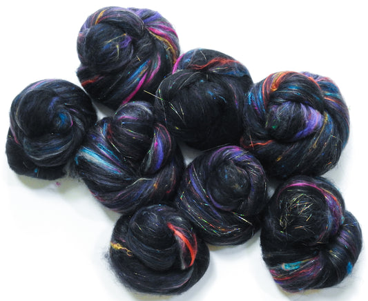 Fireworks -Sparkle Sticklebatts - Corriedale X fleece, merino,  sari silk, silk, polwarth, bamboo ANGELINA