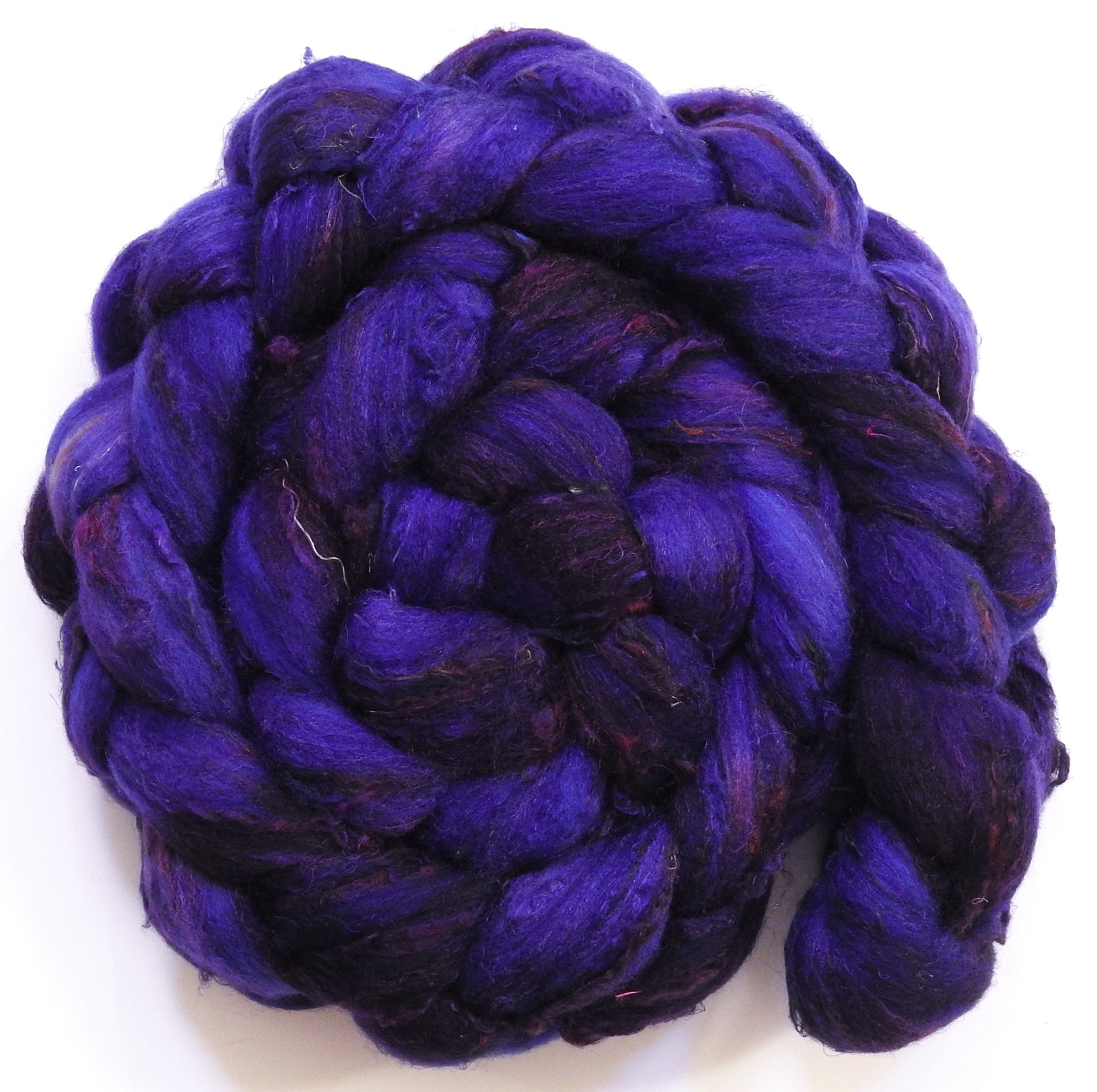 Damson Plum (5.7 oz) - Batt in a Braid #65 - Rambouillet/ Cormo / Sari  silk/ Tussah silk (40/25/25/10)