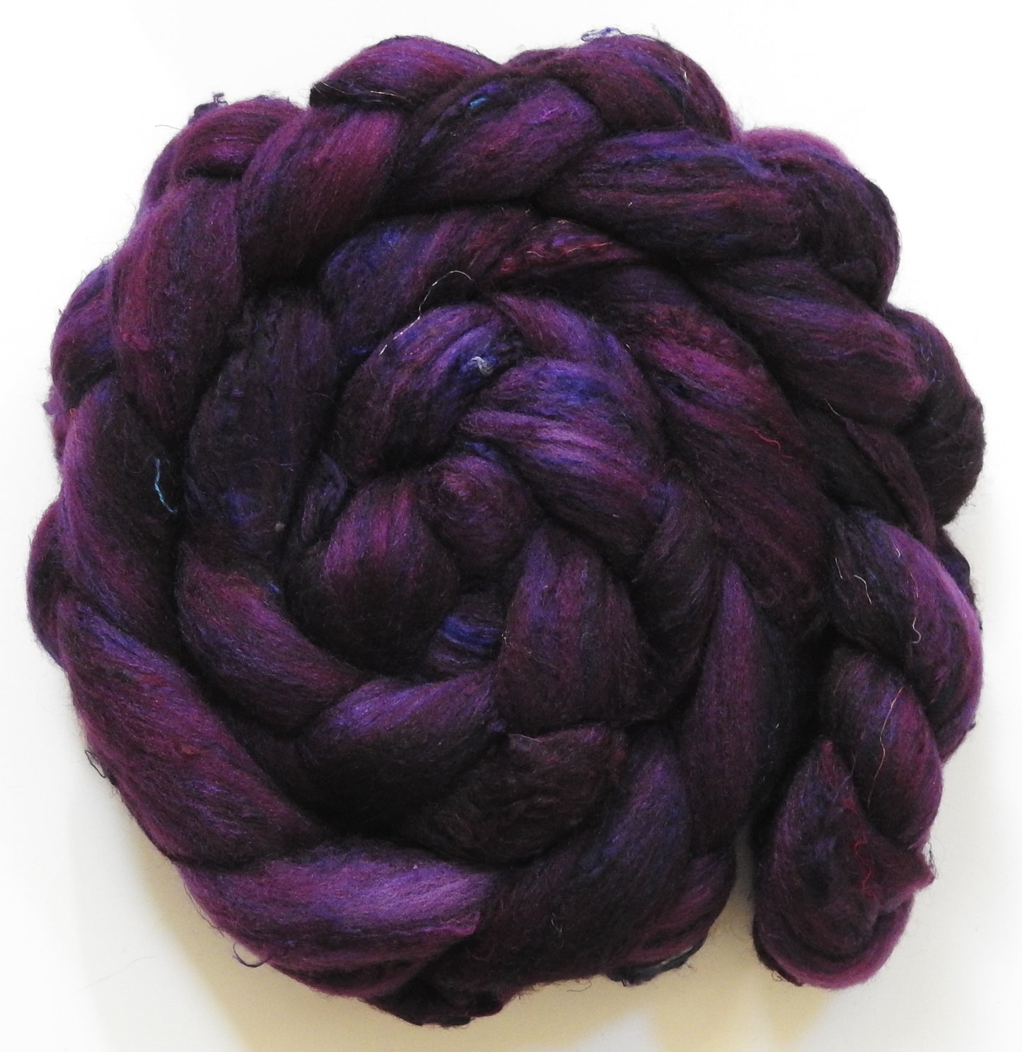 Mulberry (5.6 oz) - Batt in a Braid #65 - Rambouillet/ Cormo / Sari  silk/ Tussah silk (40/25/25/10)