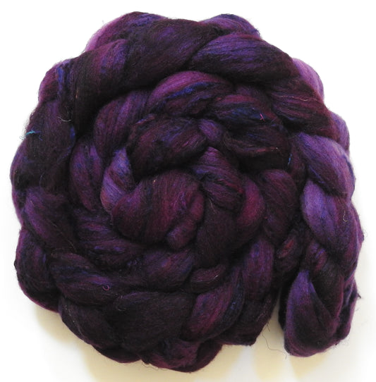 Mulberry (5.6 oz) - Batt in a Braid #65 - Rambouillet/ Cormo / Sari  silk/ Tussah silk (40/25/25/10)